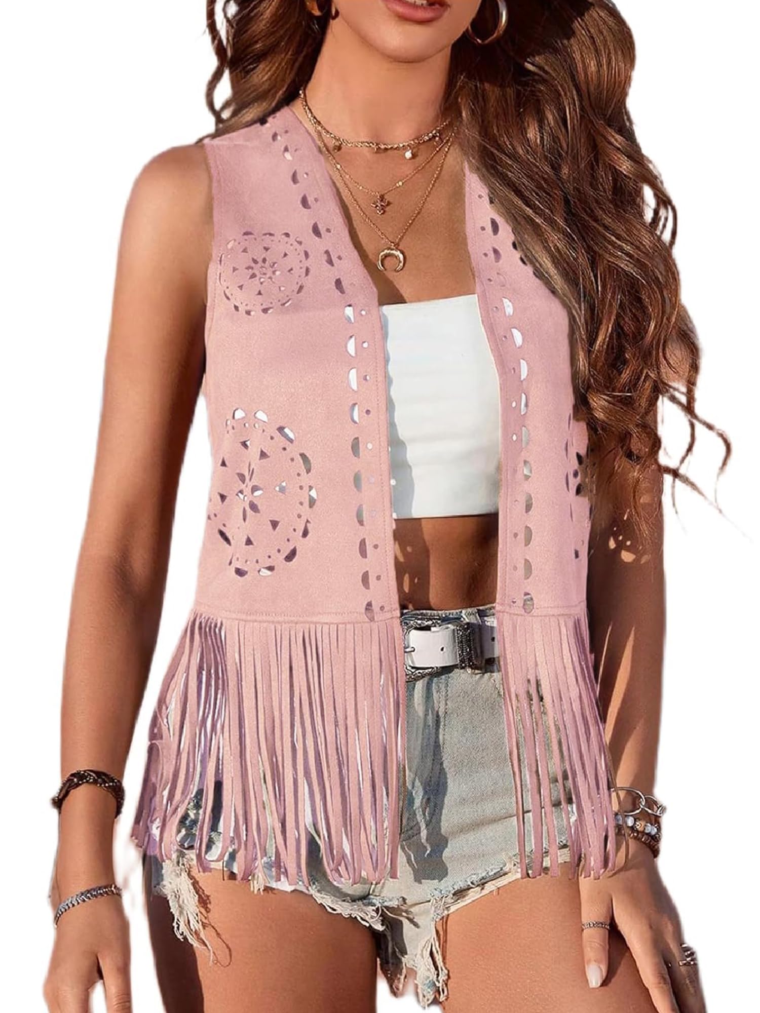Womens Fringe Vest 70s Hippie Costume Sleeveless Cowgirl Western Faux Suede Tassel Leather Outerwear Cardigan Streetwear (C-Pink, XXL)