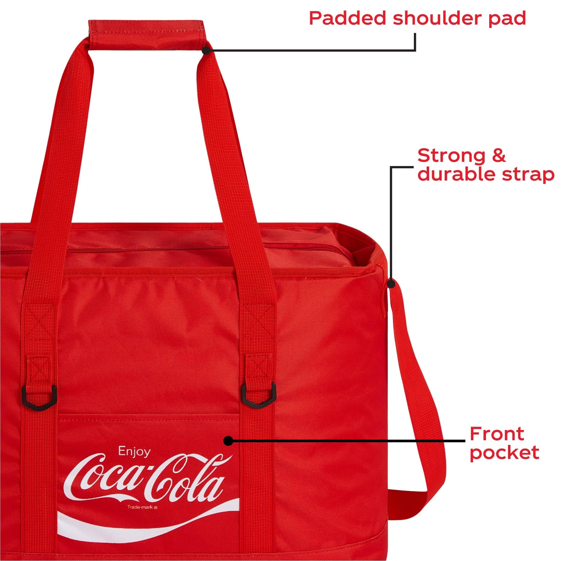 Coca-Cola Tote Bag, 40 Can Capacity Portable Beverage Cooler With Shoulder Strap, Large Soft Cooler For Picnic, Beach, Camping & Travel, Red Coca-Cola Lunch Cooler on Fridge.com - View 2