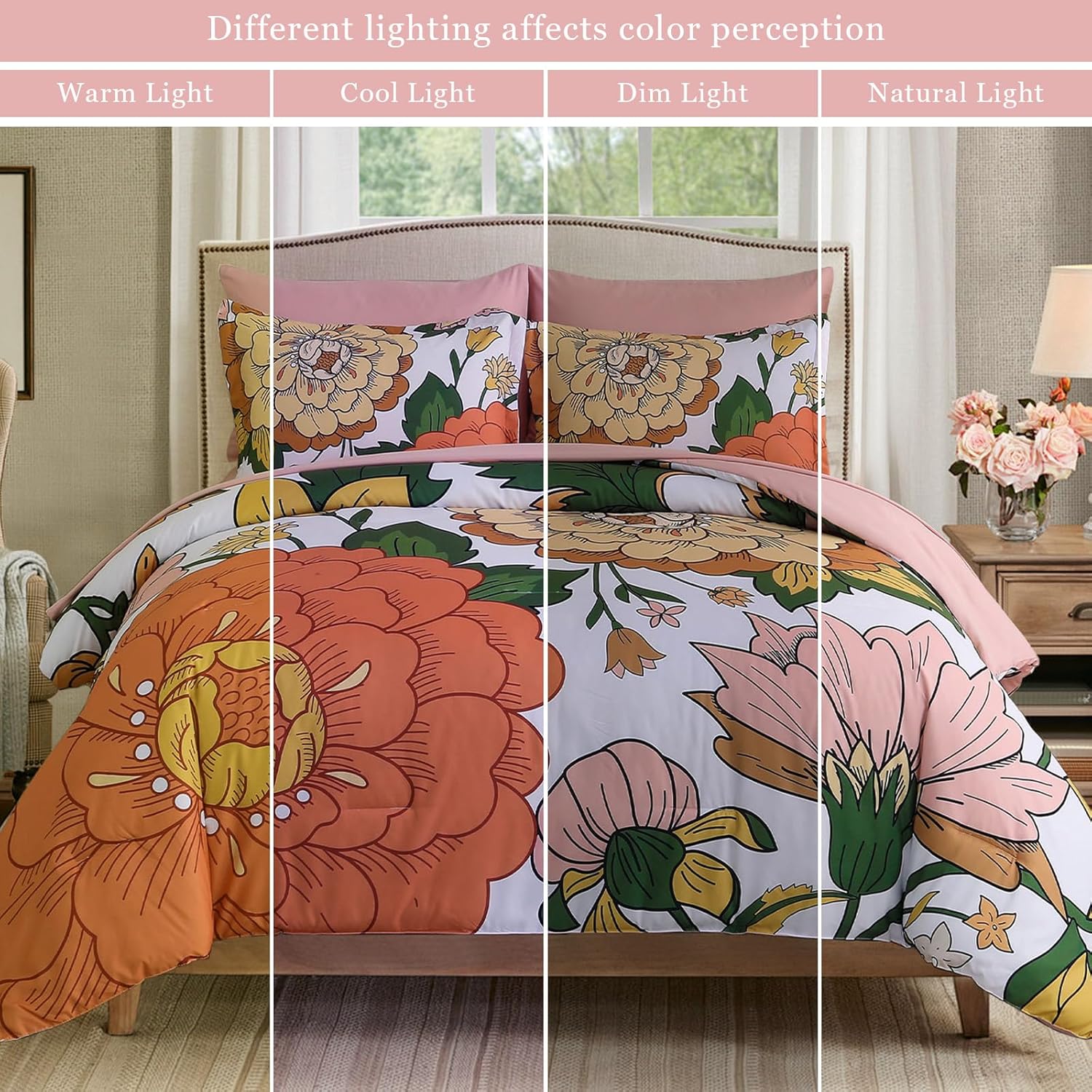 Floral Comforter Set, Pink Orange Bedding Set King Size 7 Piece Boho Chic Flower Bed in a Bag Revesible Microfiber Winter Down Alternative Bed Set with Pillowcases & Shams,Sheets - Image 8