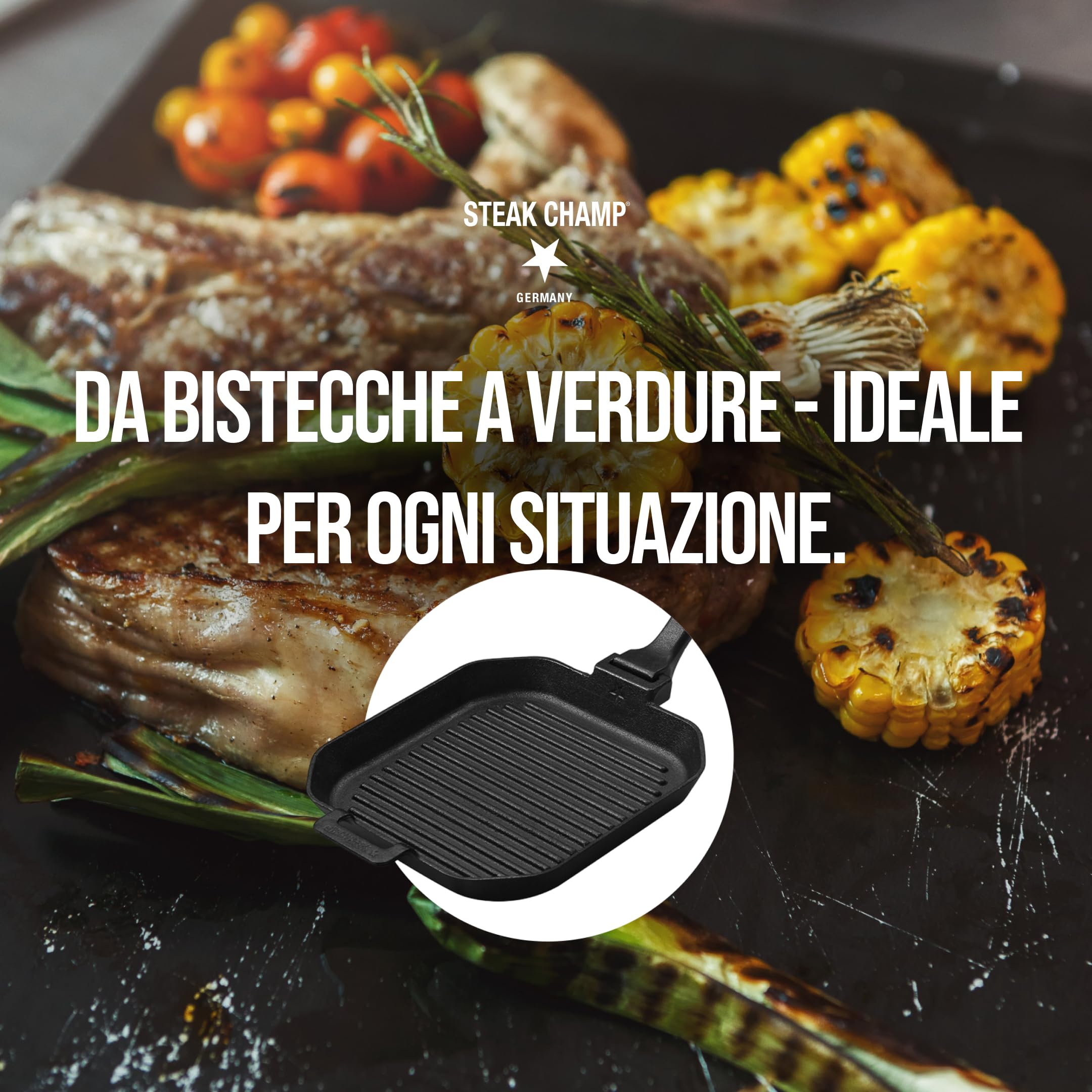 Steakchamp Padella per Grigliare in Ghisa con Manico Rimovibile per Grill, Piano Cottura (Anche a Induzione) e Forno, Adatta come Padella per Servire e Friggere
