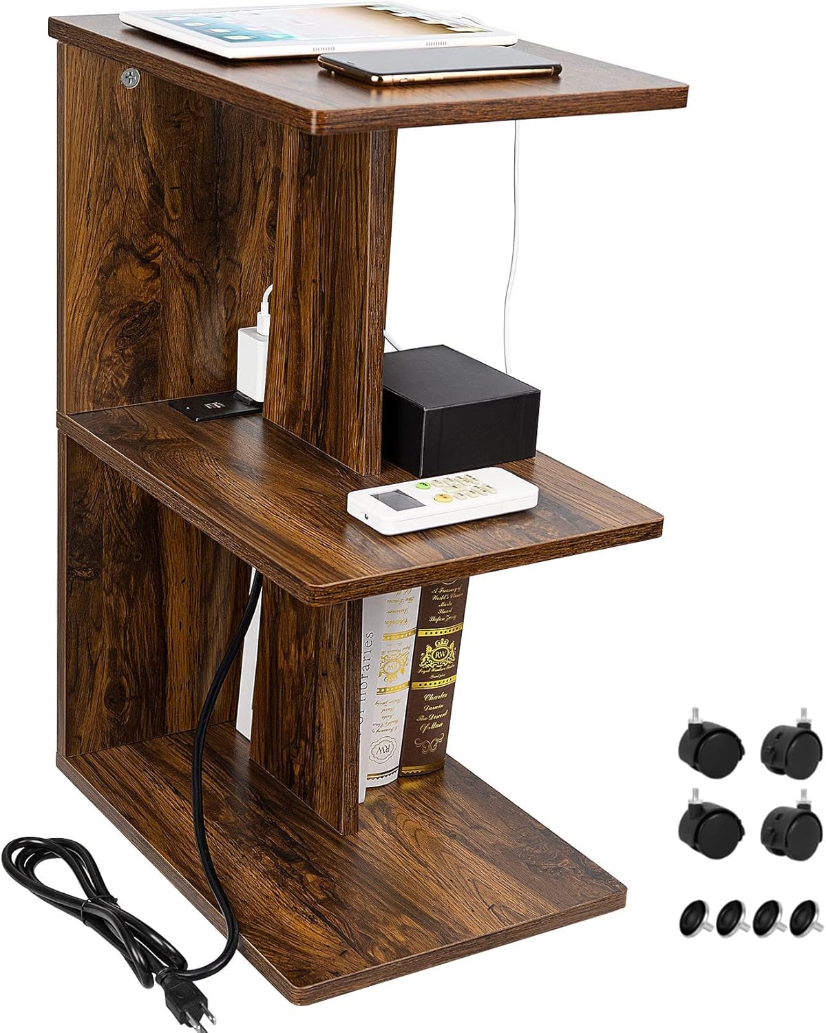 YAKANJ Side Table with Charging Station,Stylish Narrow End Table with USB Ports and Outlets,Cute