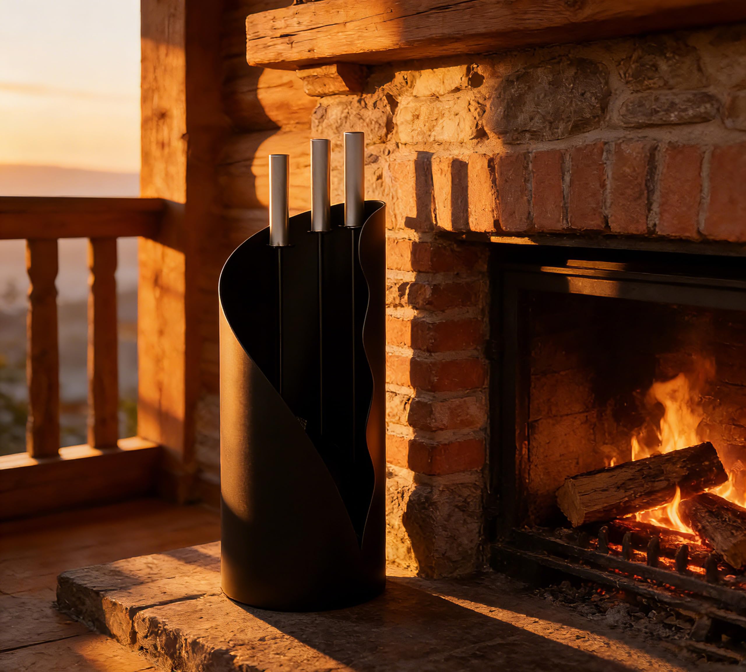 Kingson Juego de utensilios para chimenea de 3 piezas – Juego moderno de herramientas para chimenea con cepillo, pala y atizador – Soporte de pie redondo – 52,5 cm de altura – Mango de acero