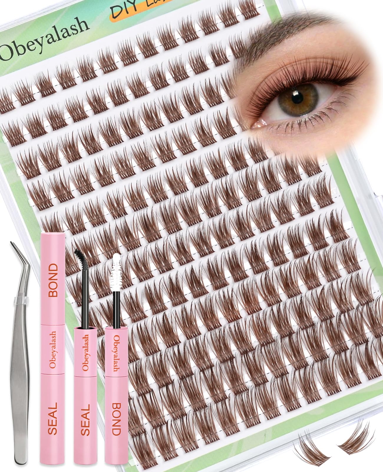 Obeyalash Zestaw do przedłużania rzęs w kolorze brązowym, 156 szt., zestaw do przedłużania rzęs C Curl Cluster Natural Brown (YLB09)