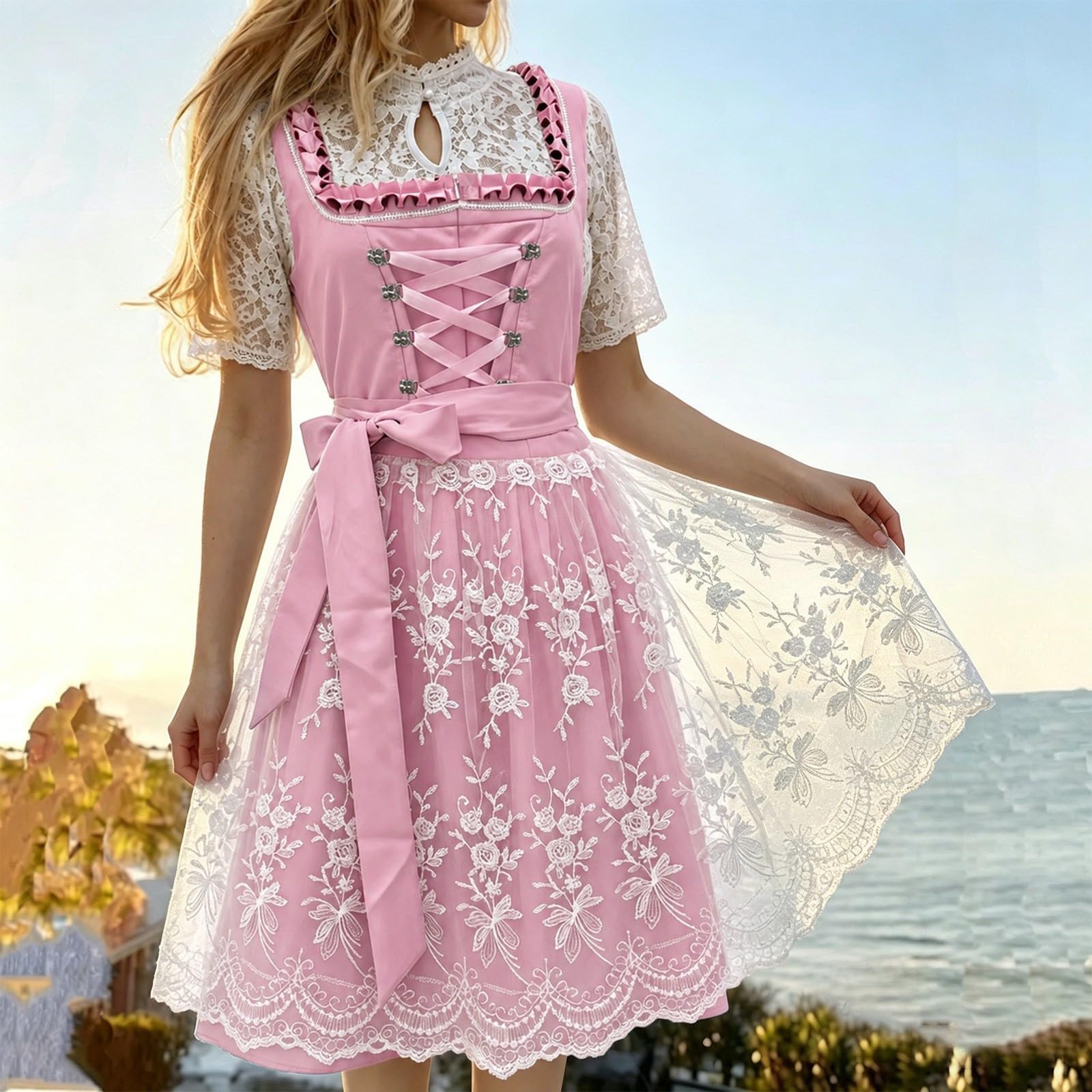 Didadihu Damen 3 Teilig Dirndl Midi Komplettset mit DirndBluse und Spitzenschürze,Elegantes Dirndlkleid Damen Hochgeschlossen,Modernes Trachtenkleid für Oktoberfest Wiesn Trachten Outfit