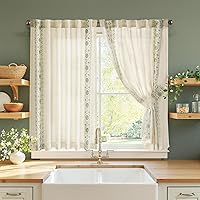 JINCHAN 45 Inch Linen Cafe Curtains Floral Embroidered Short Tiers for Kitchen Bathroom - Rustic Farmhouse Green on Beige Light Filtering Set of 2 Panels