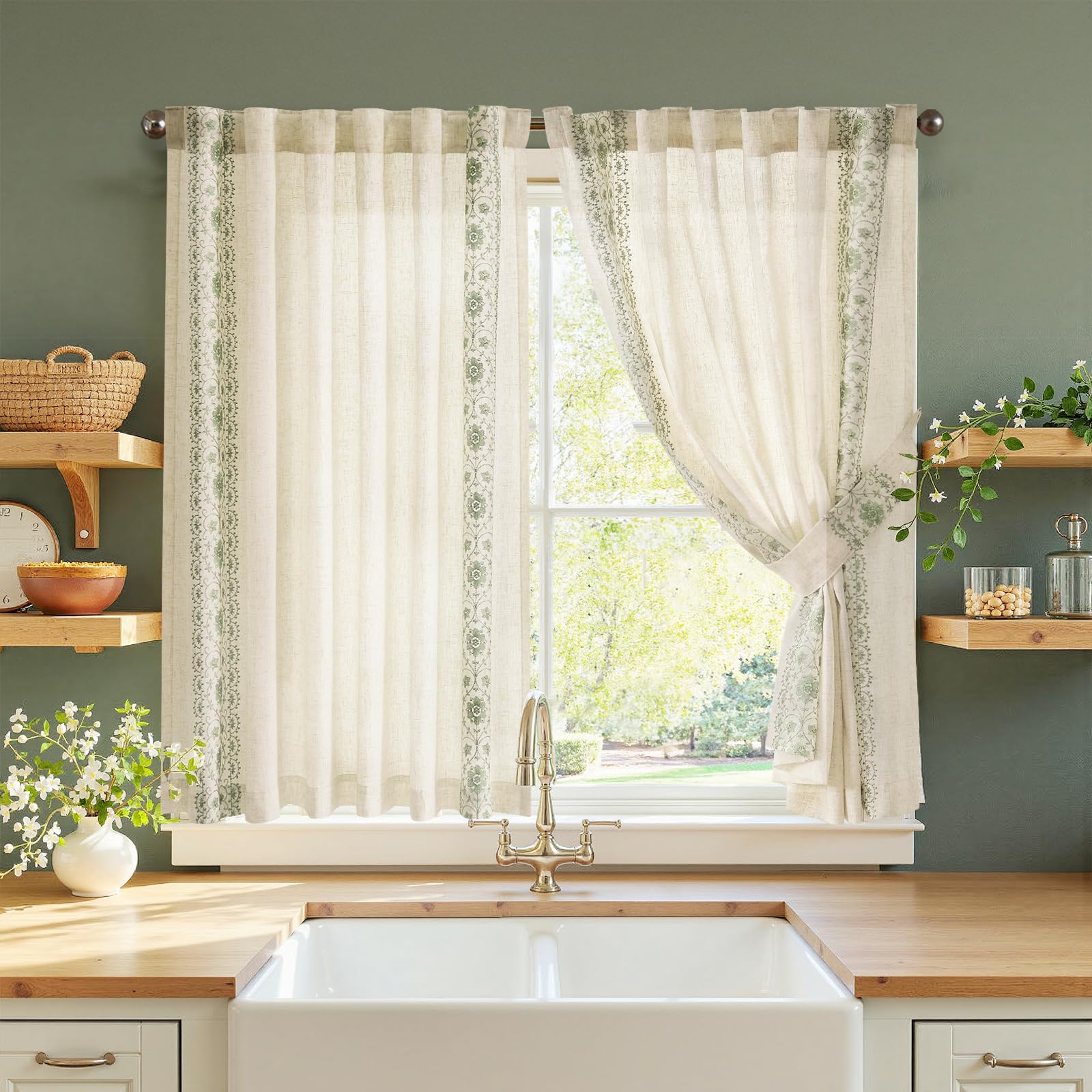 jinchan Small Window Curtains 45 Inch Length Linen Cafe Curtains for Kitchen Bathroom Bordered Floral Embroidered Short Drapes Rustic Farmhouse Light