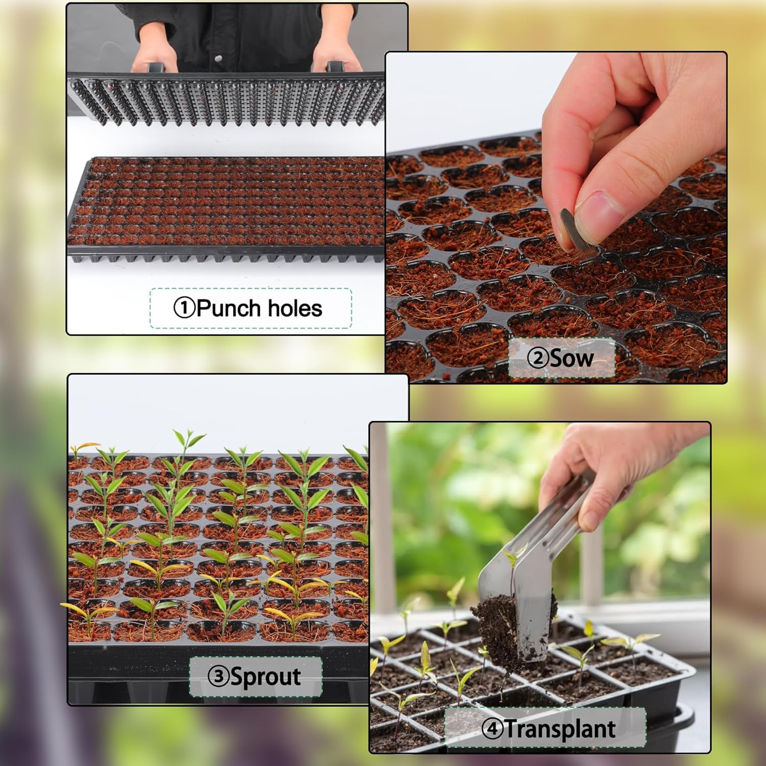 Bandejas de inicio de semillas de 200 celdas con dibber, paquete de 10 bandejas de inicio de vivero con bandeja base, excavadora de tierra de 200 agujeros para colocar rápidamente, bandeja de