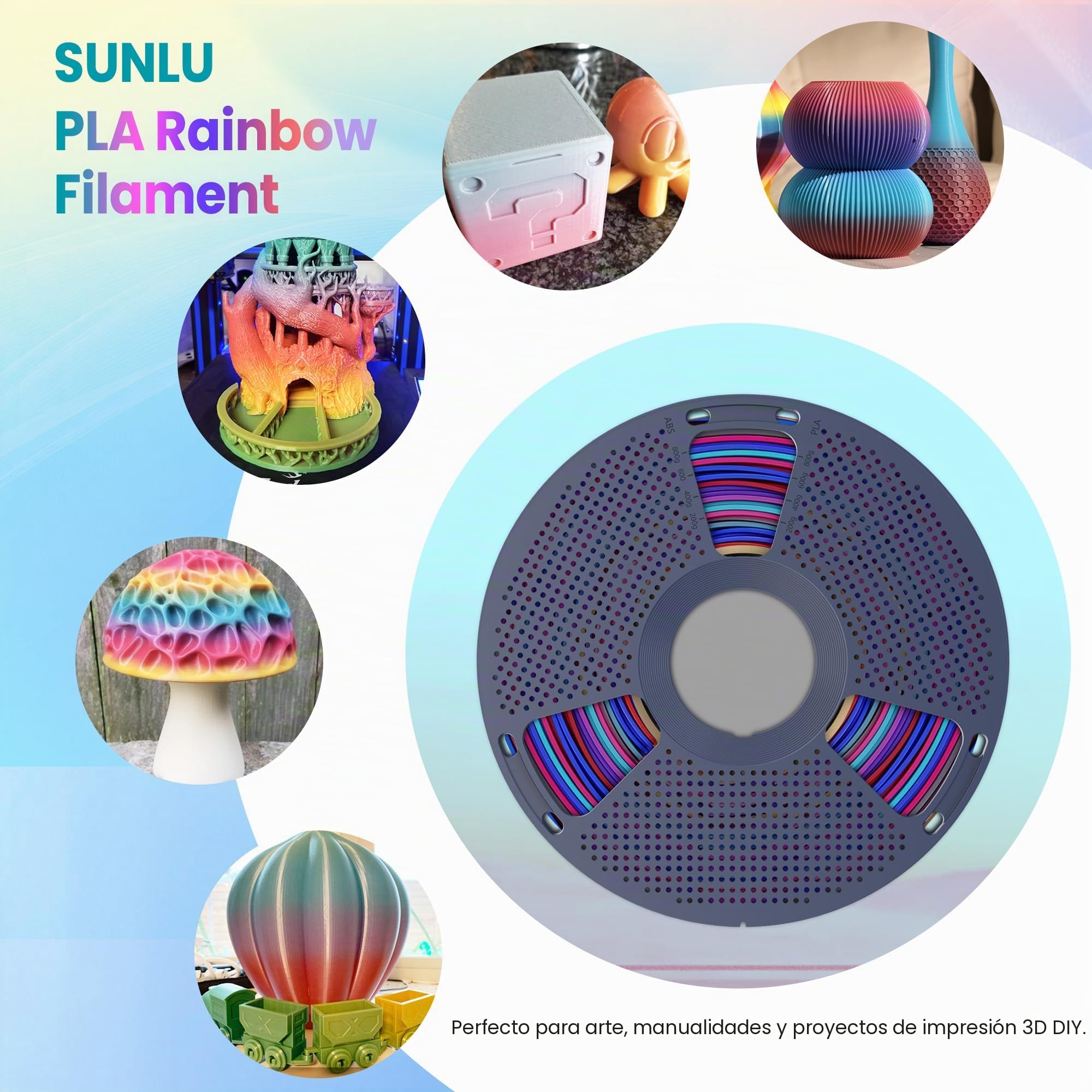SUNLU Filamento PLA Arcoíris Multicolor Bundle, Filamento PLA con Degradado de Color para Impresora 3D 1,75 mm ±0.02 mm, Peso Total 4KG, 1KG por Carrete, 4 Carretes.
