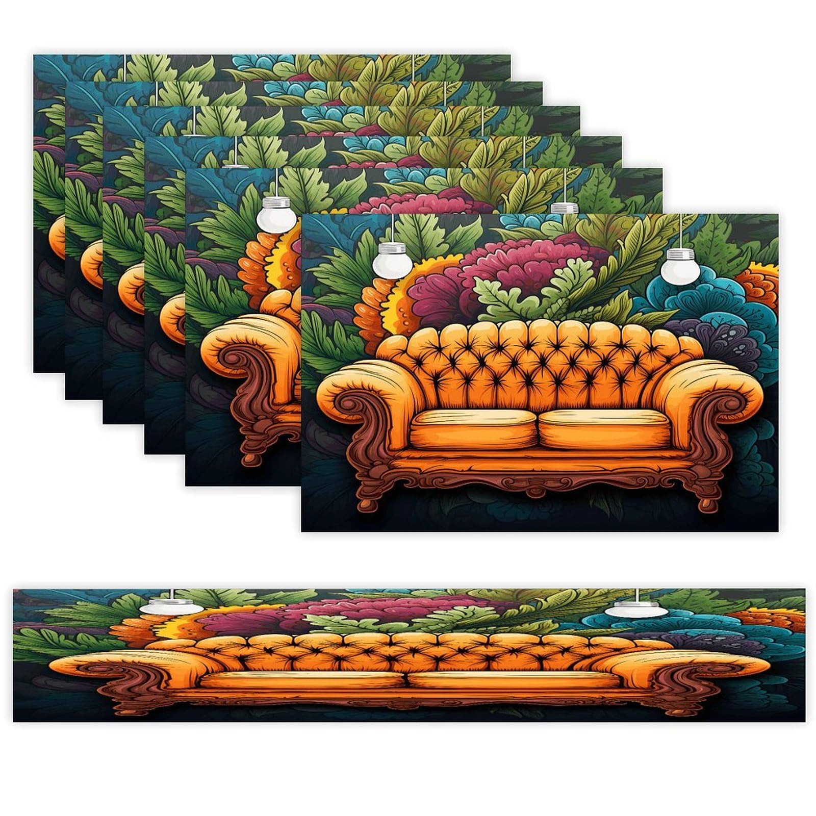 Couch Table Runner and Placemats of 6 Washable Heat Resistant Place Mats with Table Runner Vintage Holiday Table Mat Set for Holiday Party Kitchen Dining Deco