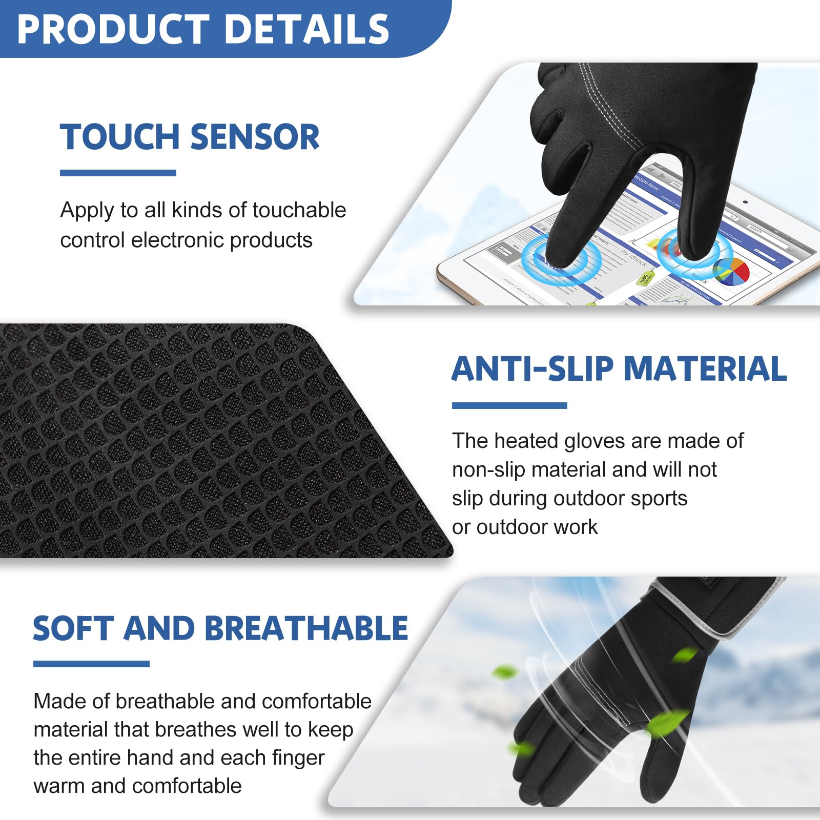 Guantes térmicos para hombres y mujeres, guantes delgados recargables, calentador de manos con pantalla de energía restante para escribir, conducir, ciclismo, senderismo, correr, caza