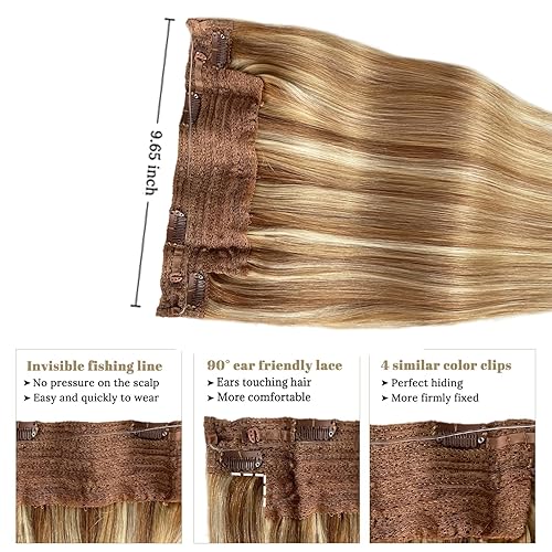 Miniatura 4 de Extensiones de cabello humano real con halo de 16 pulgadas, 2.82 oz, balayage, rubio degradado, extensiones de cabello humano rubio dorado con rubio