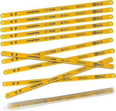 Hanpex 12in. High-Tension Hacksaw Frame with 10pcs 24TPI Extra Bi-metal Blades, Hand Saw Suitable for Metal, wood, PVC, Carpentry