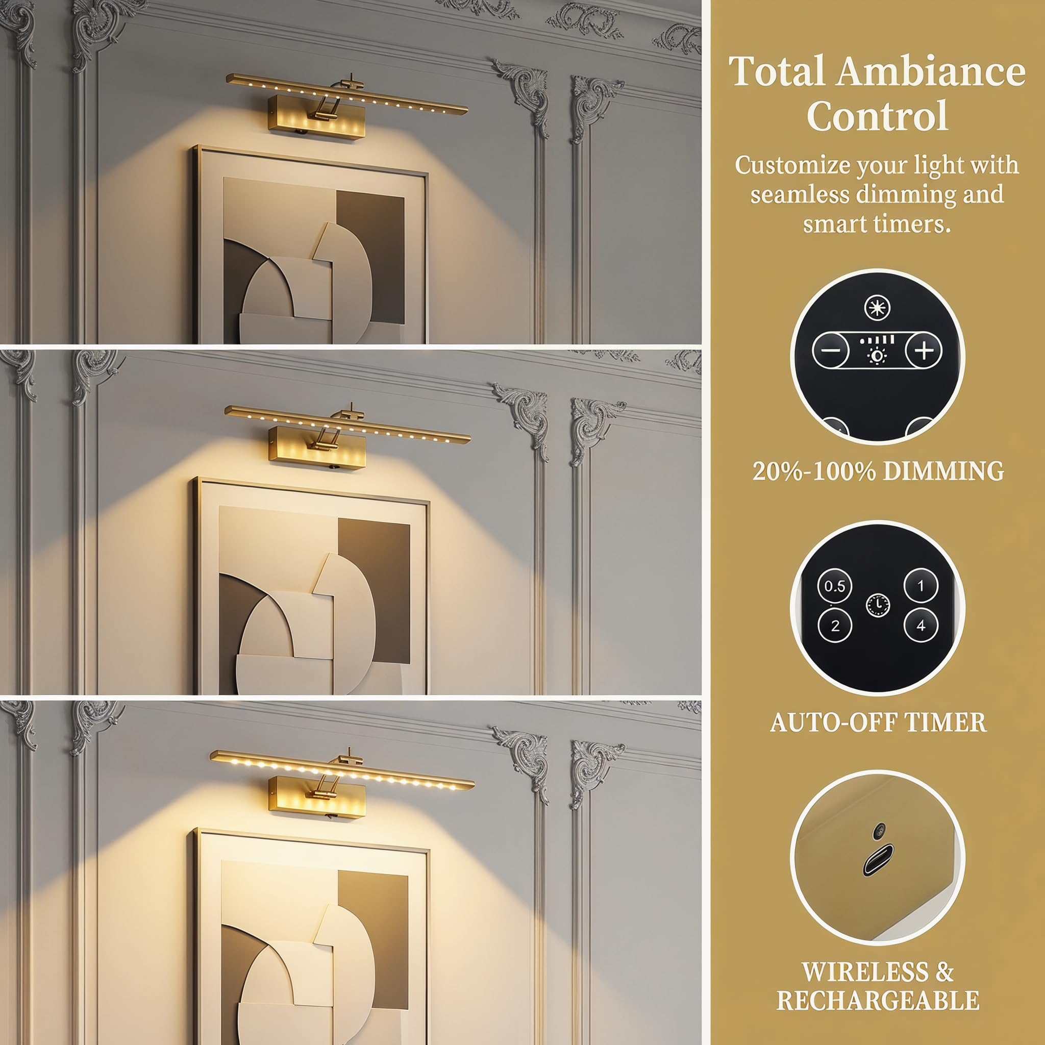 JOOSENLUX Lampada da parete ricaricabile a batteria da 5000 mAh, luce da parete senza fili, in ottone, 40,5 cm, con braccio oscillante con funzione dimmer e timer OFF CRI95+