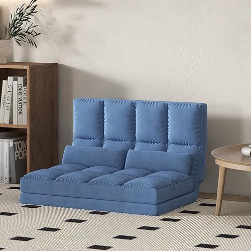 HOMCOM Sofá convertible de suelo, sofá cama, diván para invitados con 2 almohadas, respaldo ajustable y reposacabezas, 40.25 pulgadas de largo, azul