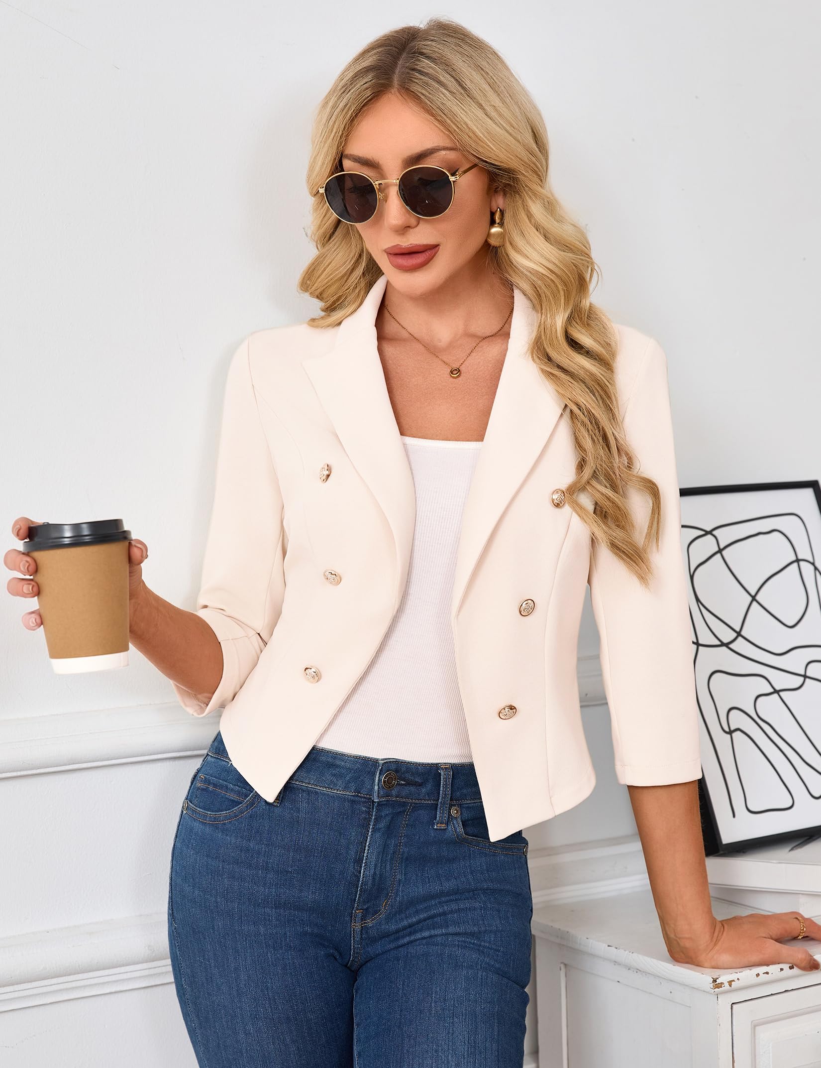 Damen Kurz Blazer 3/4 Ärmel Reverskragen Cardigan Business Bolero Open Front(Verpackung MEHRWEG)