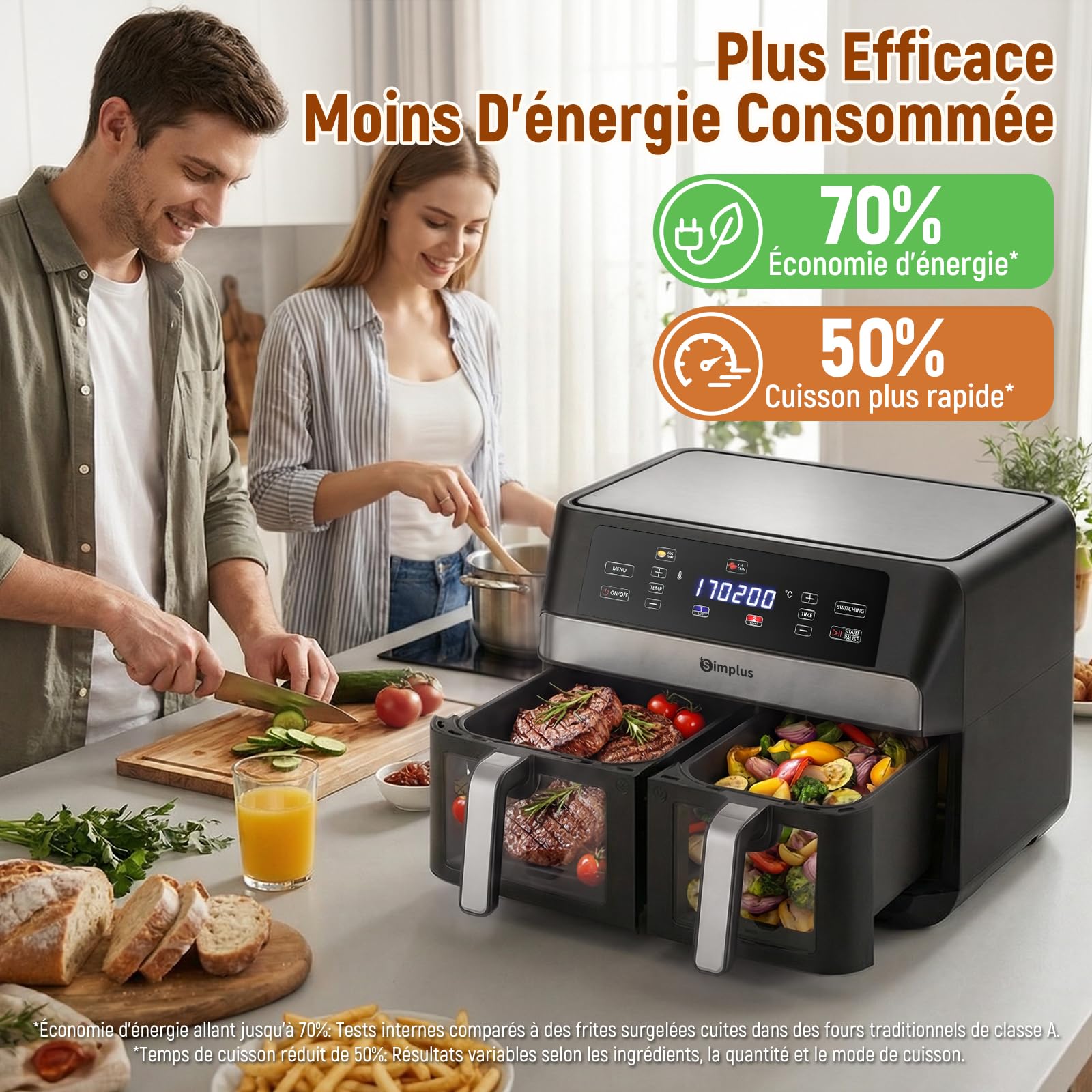 SIMPLUS Friteuse à Air Double Panier 10L, 1800W, Écran Tactile LCD, 11 Programmes, Fenêtre Visible, Four à Air Chaud avec Micro-Vapeur, Noir