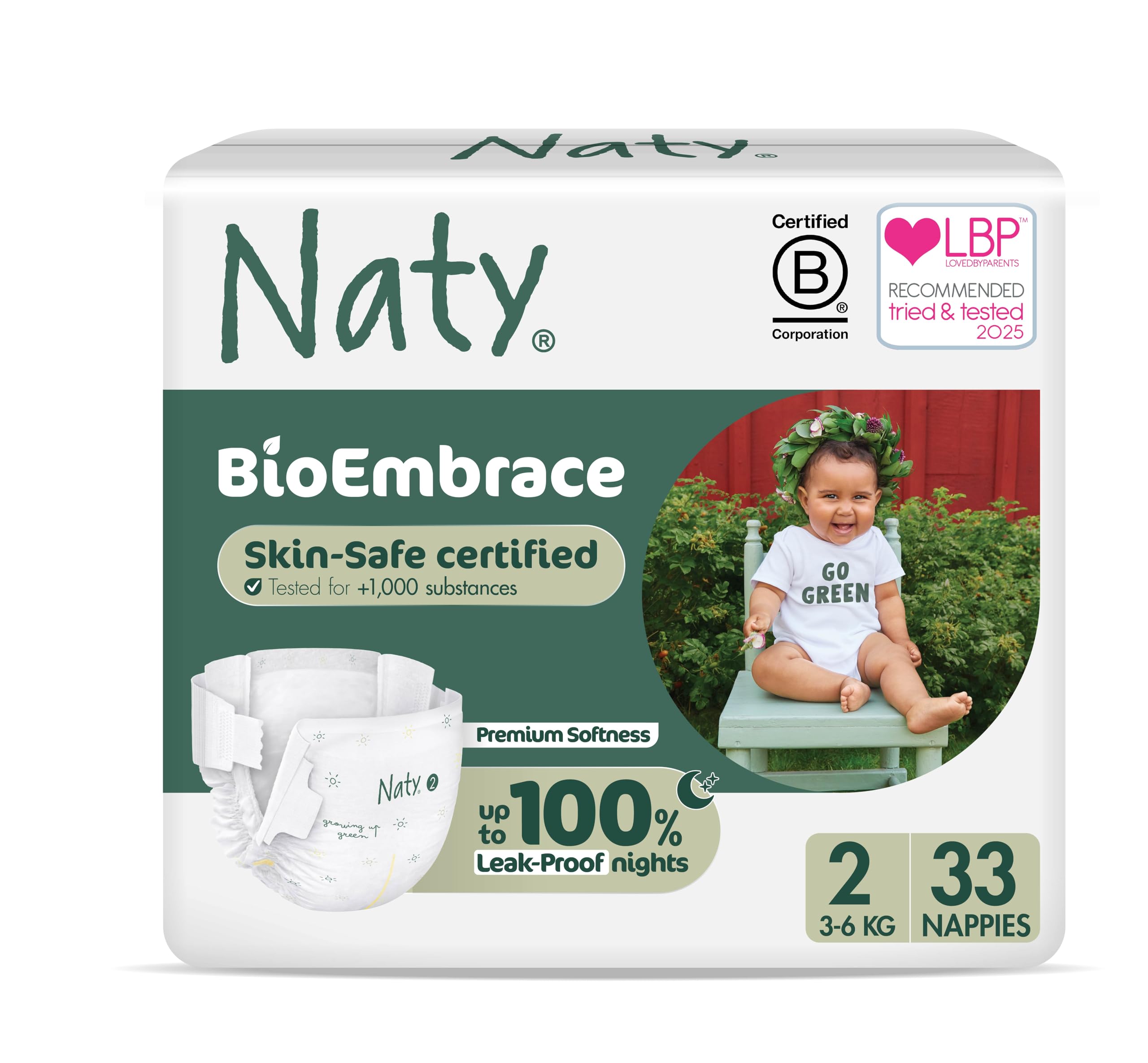Naty BioEmbrace Baby Newborn Nappies | Sensitive Skin Safe Certified | Leak Protection up to 100% | Plant-Based Teddy Softness, Premium Comfort | Chlorine-Free | Size 2 (3–6kg), 33 Count