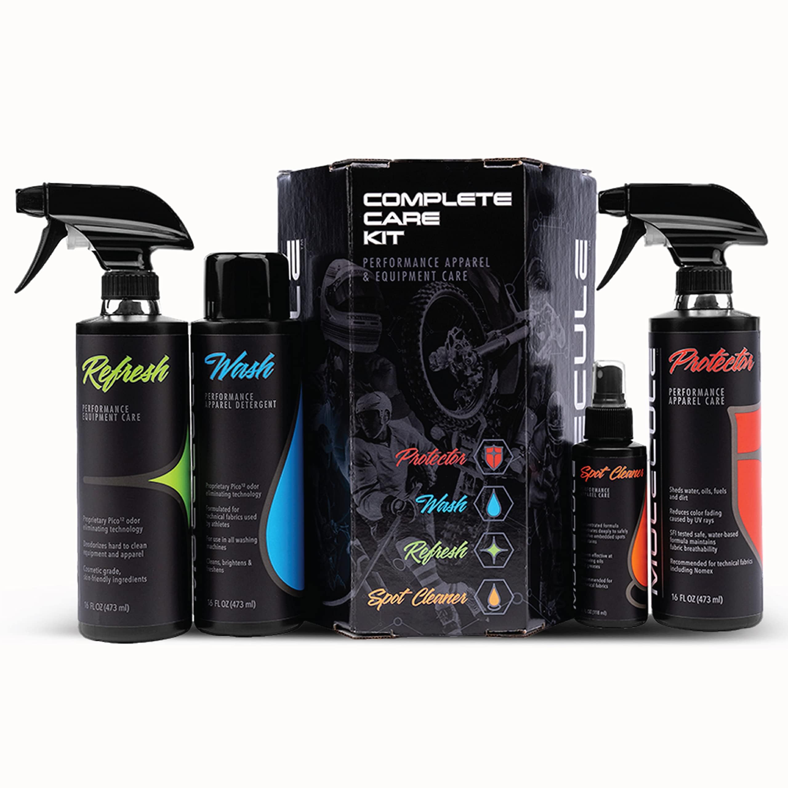 Molecule Complete Care Kit, 16 Ounce Wash, 16 Ounce Refresh, 16 Ounce Protector, 4 Ounce Spot Cleaner, Performance Apparel Care, Race Suits, Repel Stains, Cleans and Deodorizes, 16 Ounces (1 Kit)