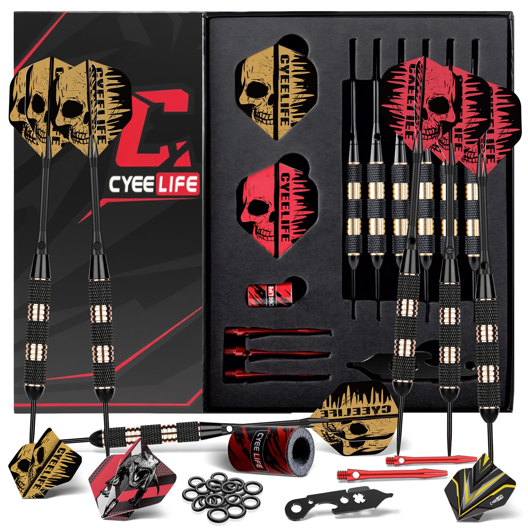 CyeeLife 22g Brass Steel Tip Darts Set Slim Shafts PET Flights Gift Box