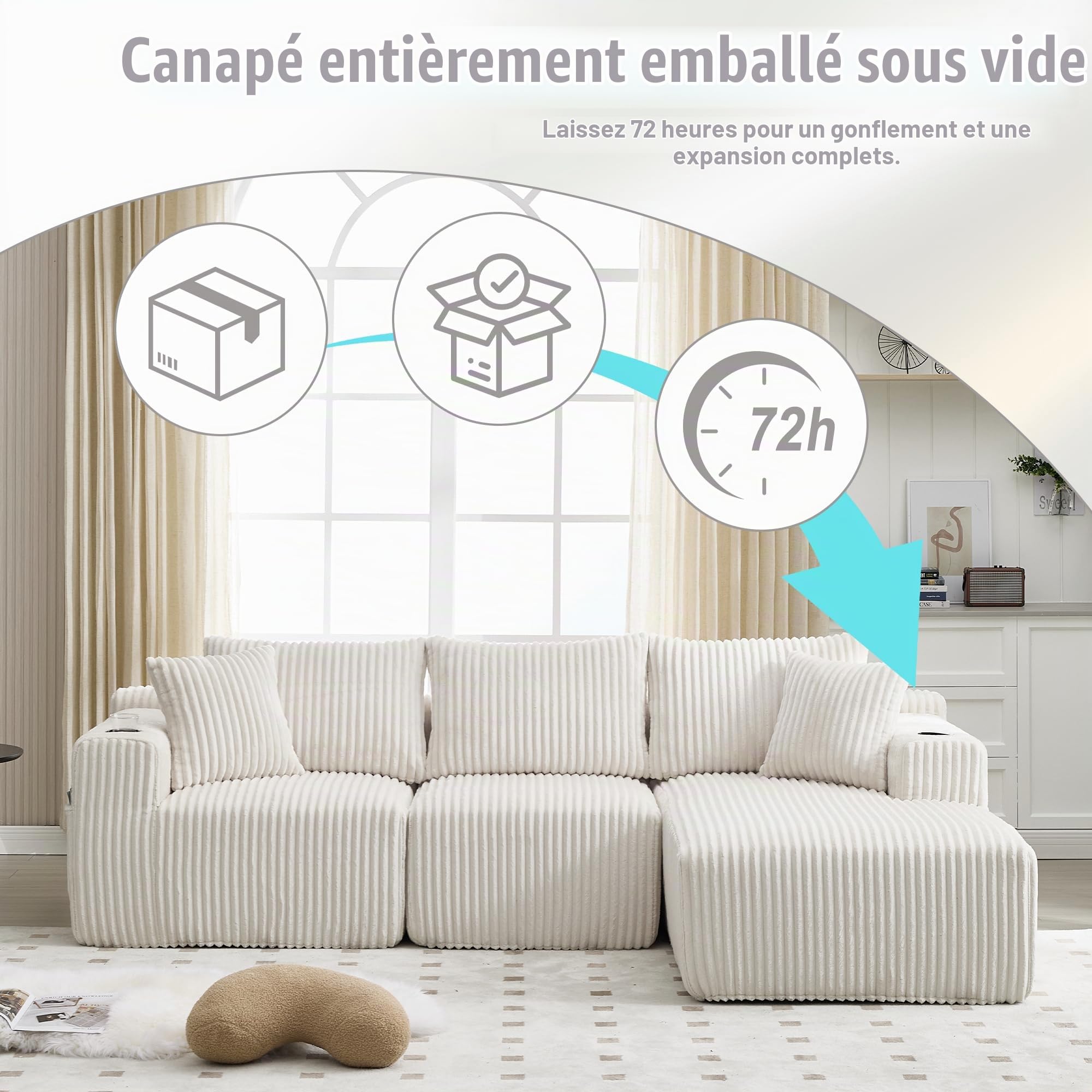 Sapgaks Canapé d'angle 3 Places en L avec Porte-Gobelets, Canapé Modulable en Velours Côtelé avec 5 Coussins et Accoudoirs, Canapé 3 Places avec Poches Latérales au Salon Appt, Beige
