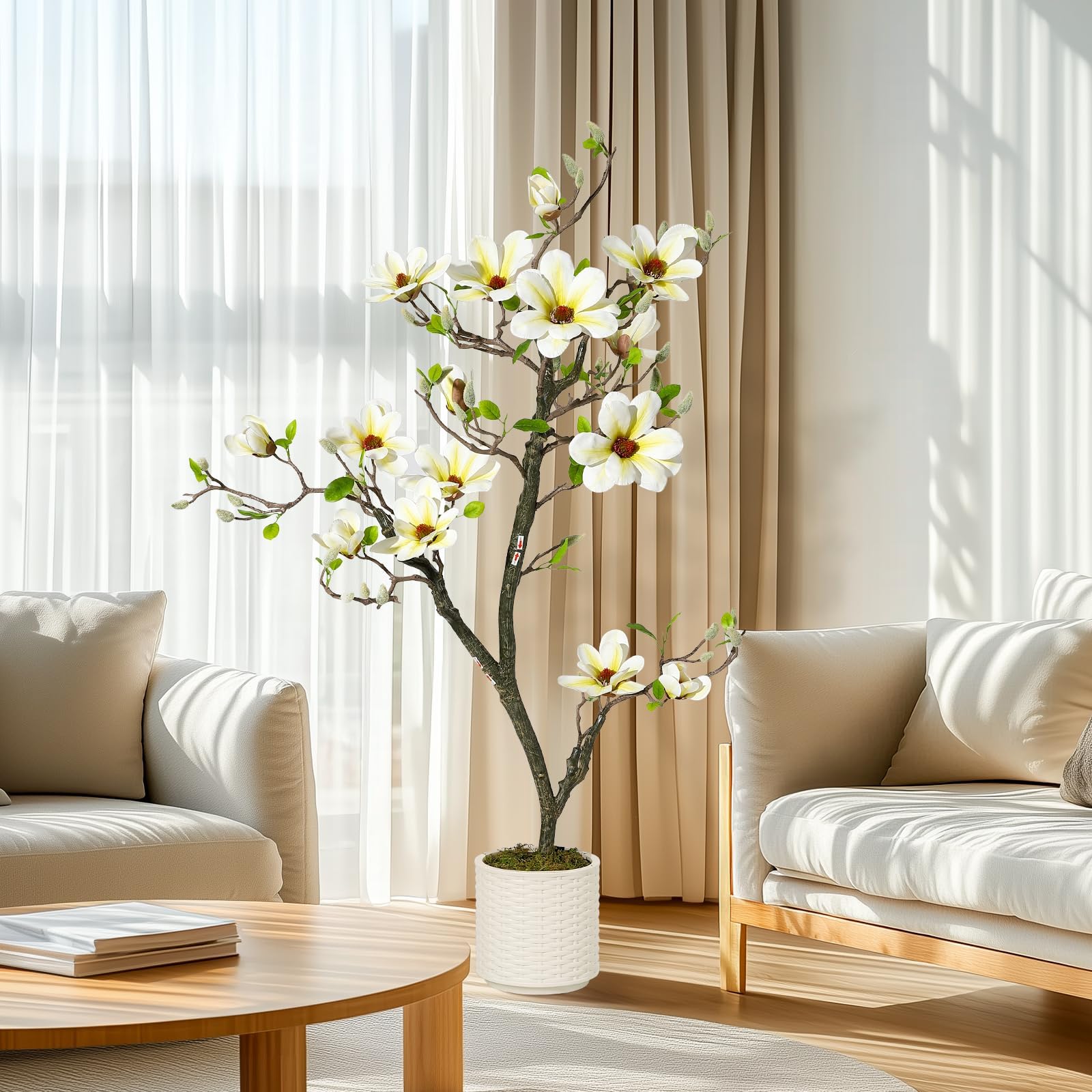 IDEALHOUSE Künstlicher Magnolienbaum im Topf 120 cm - pflegefrei für Indoor/Outdoor - realistische Blüten & grüne Blätter - inkl. weißem Topf mit Moos - Deko Terrasse/Garten/Büro - Farbe: 4FT