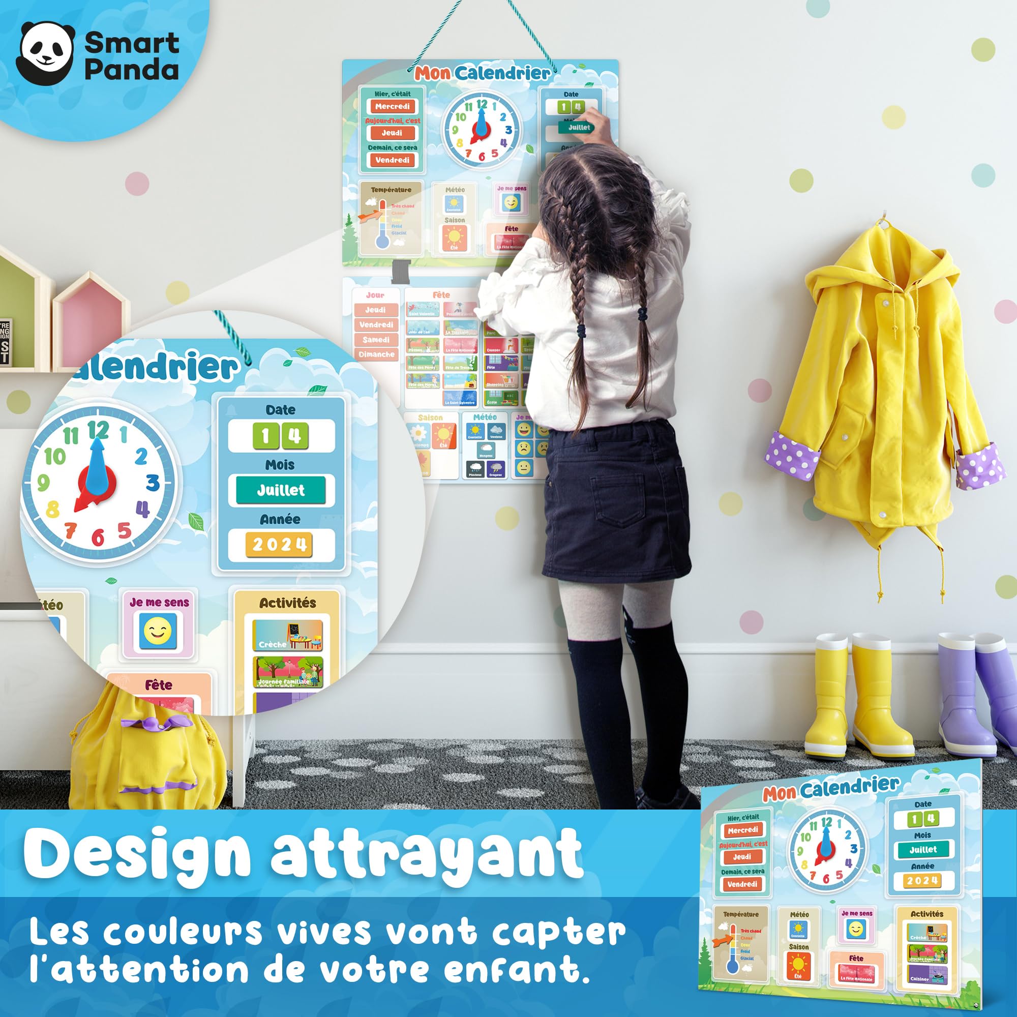 Mon Premier Calendrier Magnétique SmartPanda – Horloge, Météo, Émotions – Éducatif Enfant Français