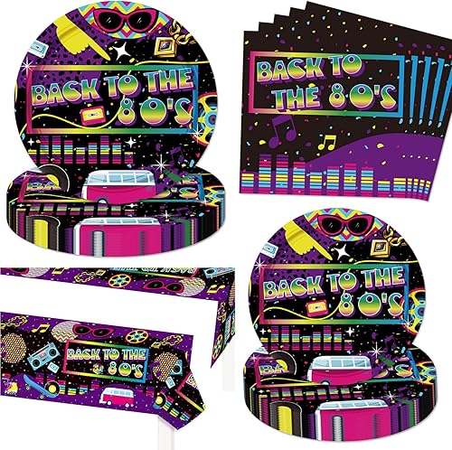 Letromp Suministros para fiestas de los años 80 platos de papel retro multicolor y morado, servilletas y mantel para fiestas de los 80, I Love 80s,