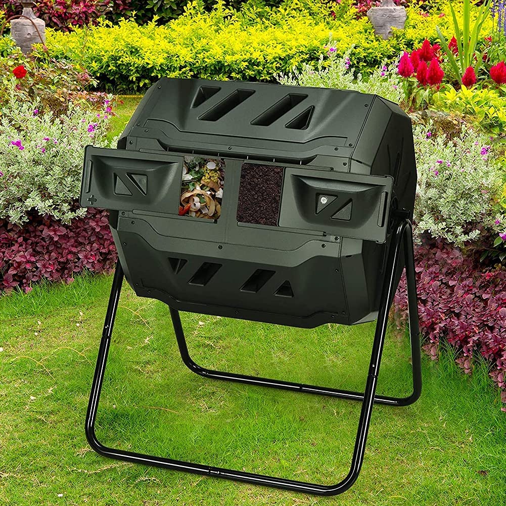 Buy Compost Tumbler Bin, 160L Dual Rotating Chamber Tumbling Com with 2