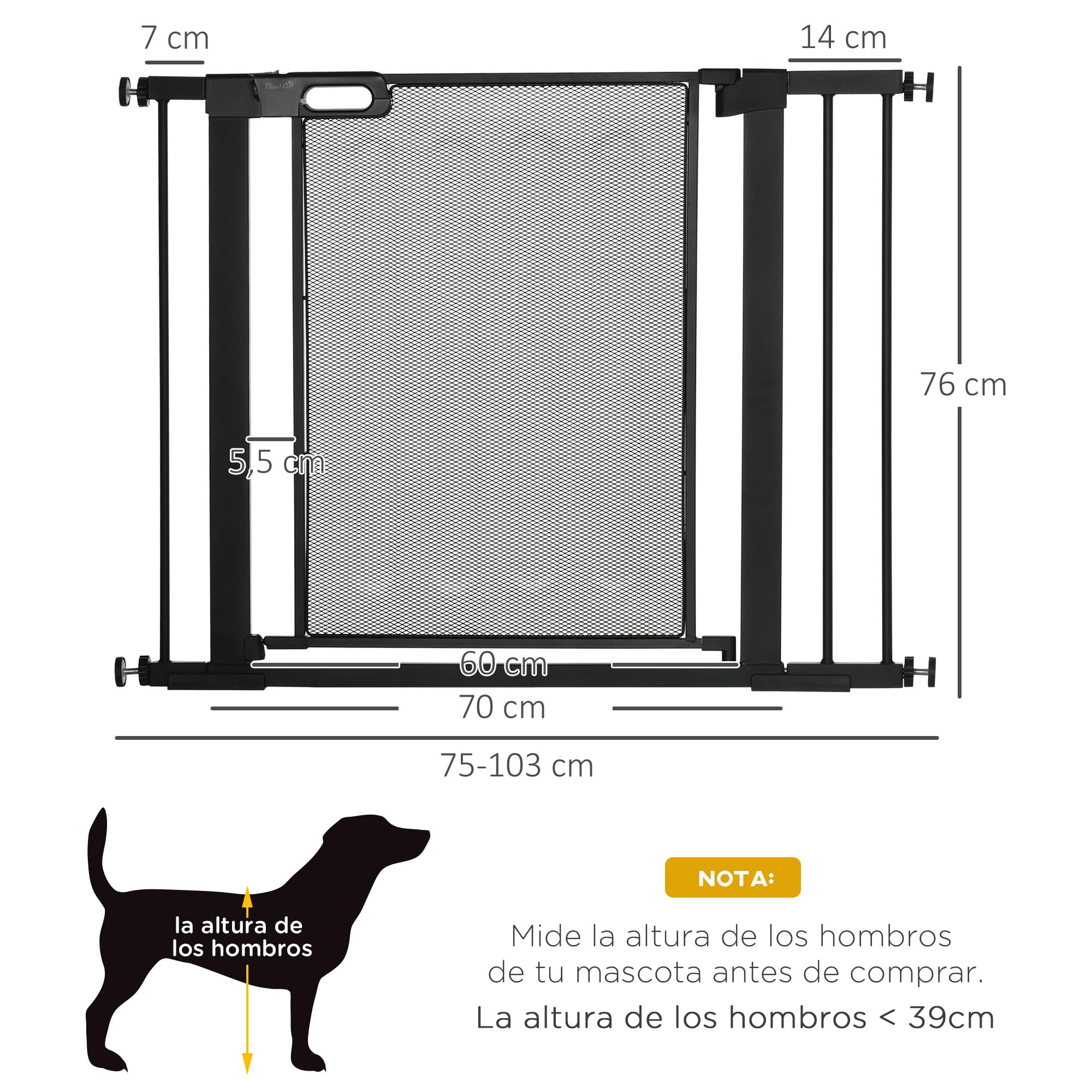 PawHut Barrera de Seguridad para Perros Extensible 75-103 cm Barrera para Escalera Puerta con 2 Extensiones 7 y 14 cm Doble Bloqueo Cierre Automático Negro