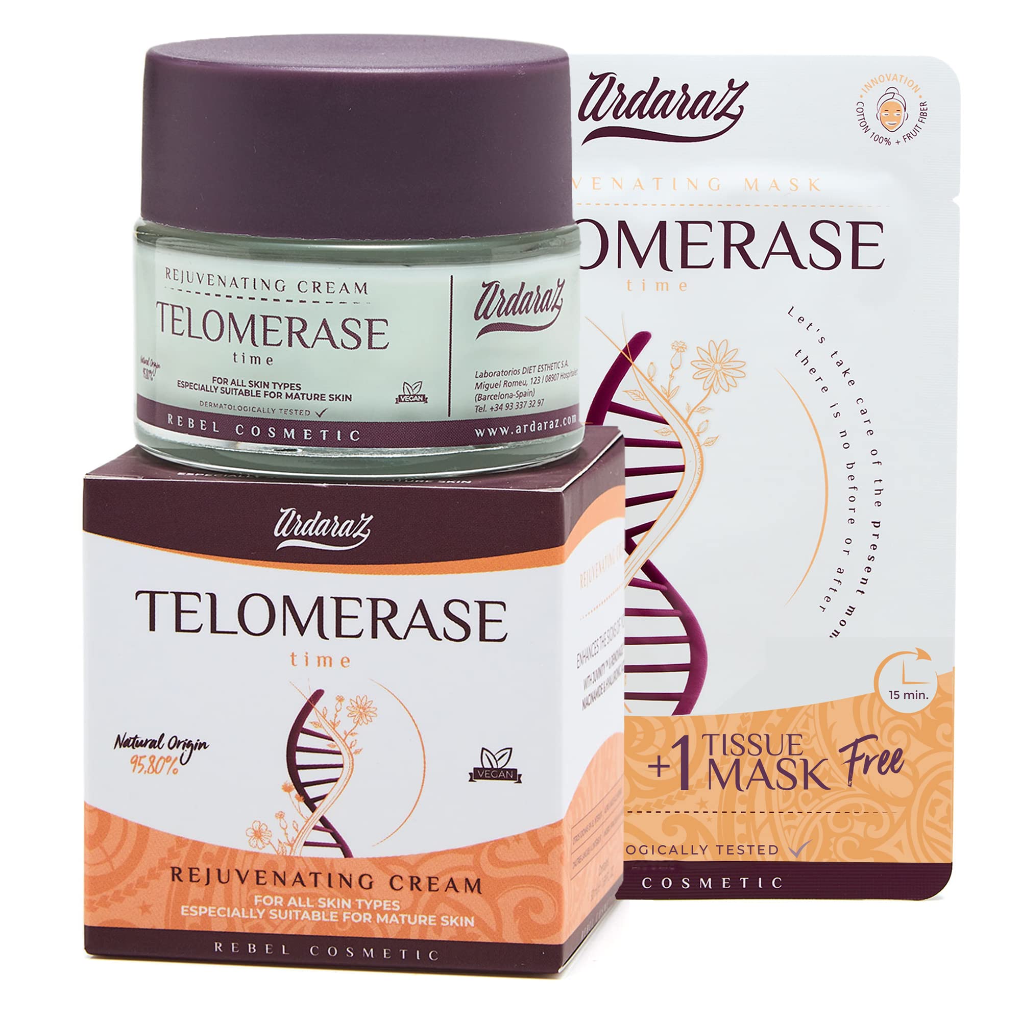 Ardaraz Moisturiser Anti Wrinkle Face Cream with Telomerase and Hyaluronic Acid. Face Cream for Women, Rejuvenating Effect, Firmer skin. Ideal for mature skin. 50ml