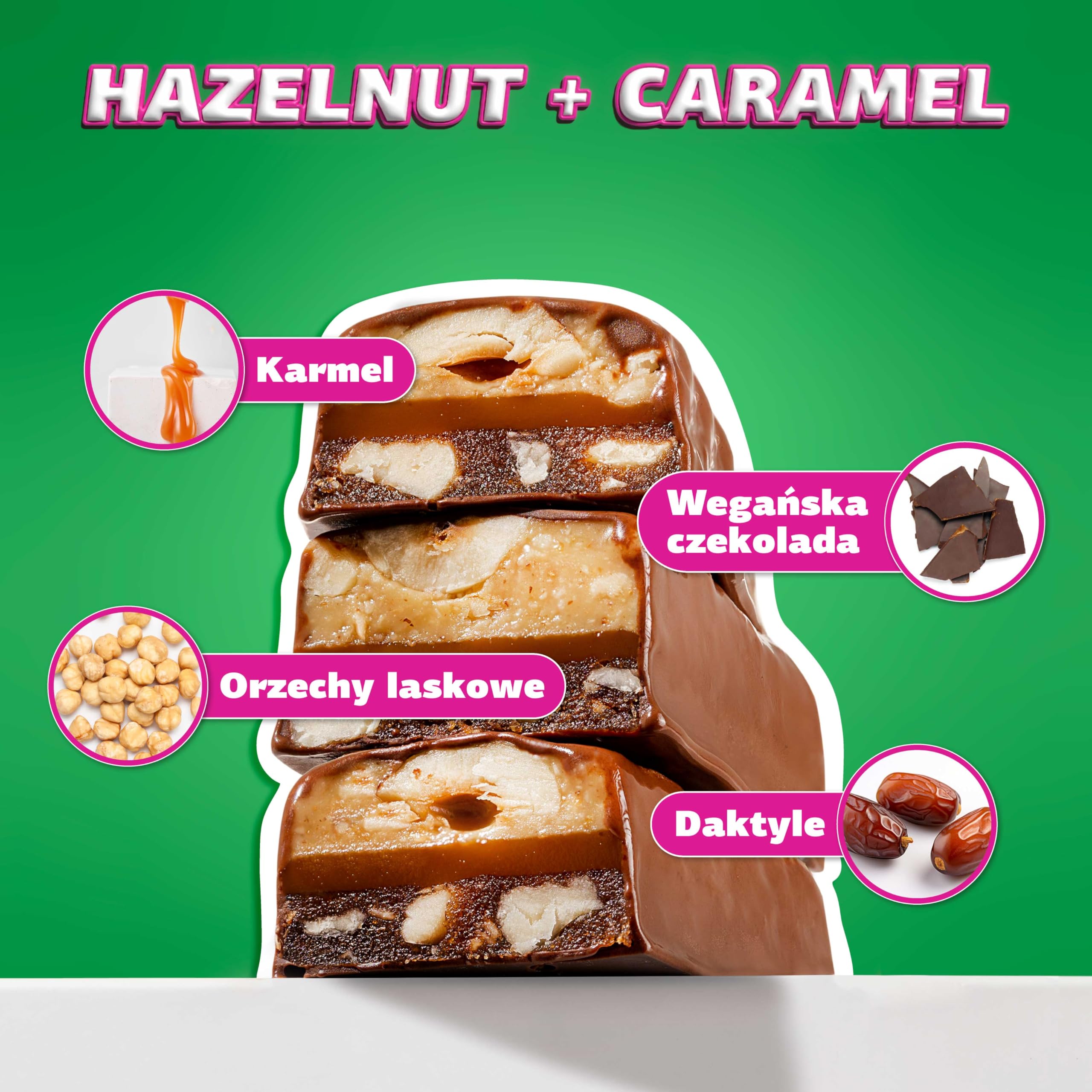 FIZI Czekoladowe Batony Wegańskie Orzech Laskowy i Karmel, W czekoladowej polewie, Na bazie roślin, Bez rafinowanego cukru, Bez glutenu, Bez GMO, Bez laktozy, Idealna przekąska w podróży (10x45g)