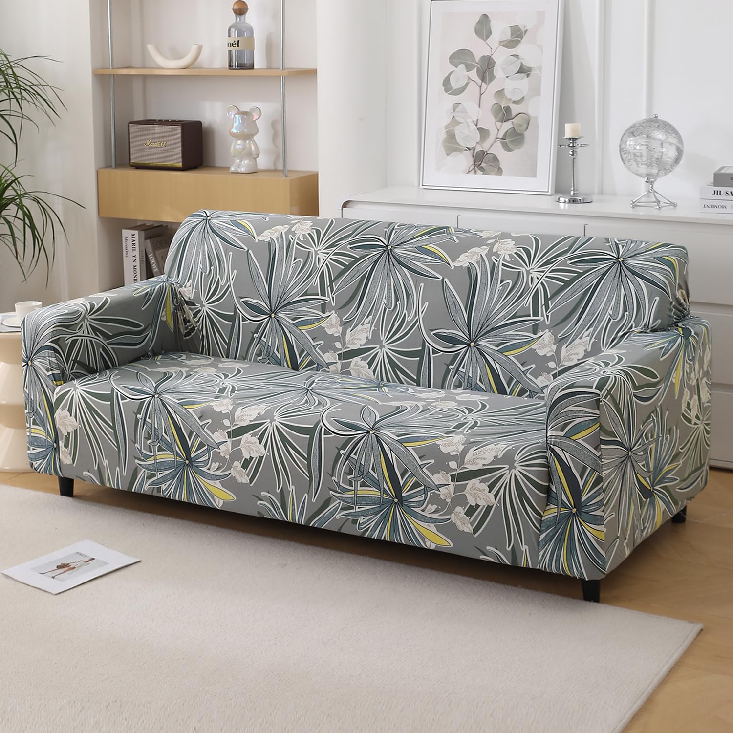HOKIPO 4 Seater Sofa Cover - Grey Floral -22 HOKIPO 4 Seater Sofa Cover - Grey Floral -22