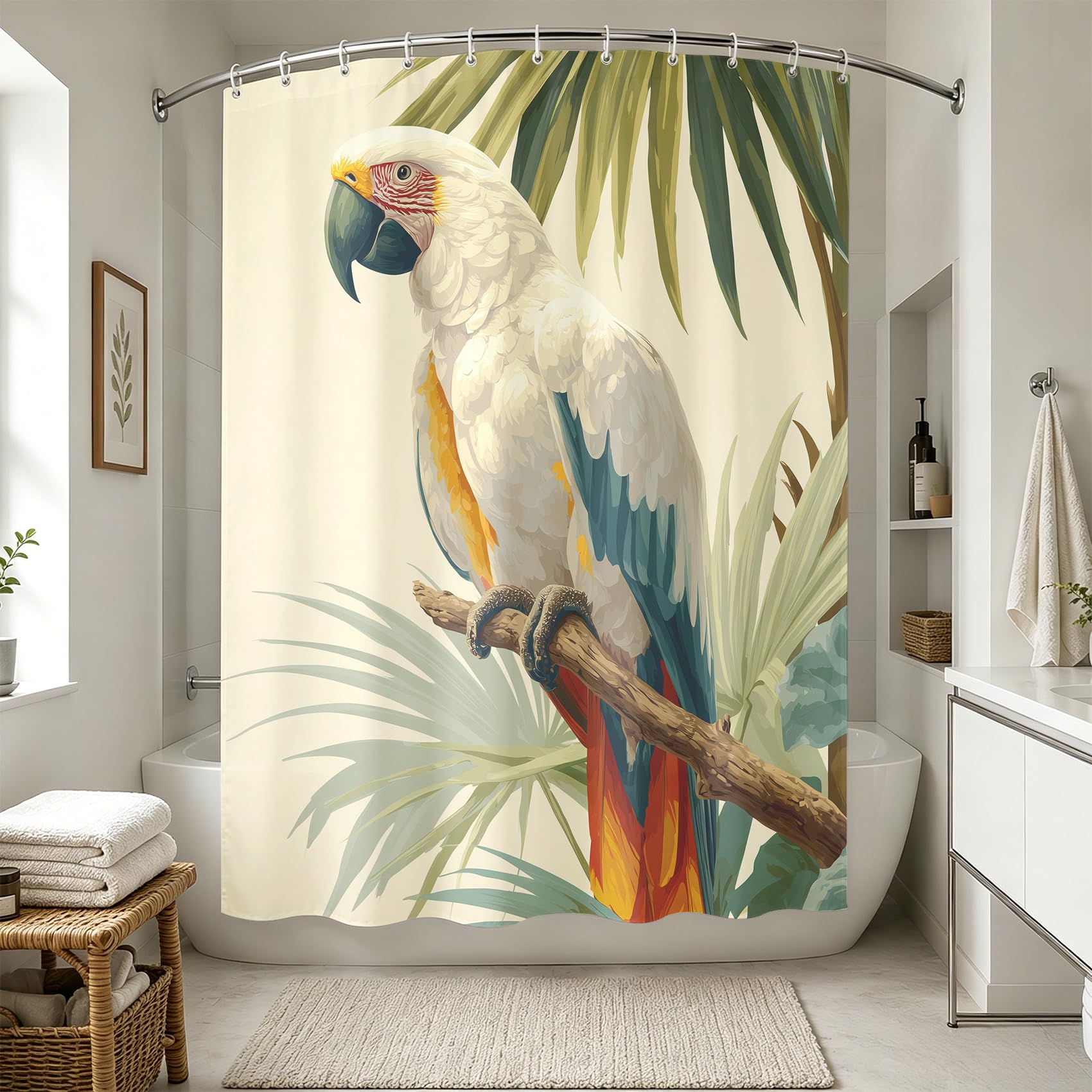 Extra Breit Duschvorhang Tropischer Vogel 240x200 cm, Waschbar Duschvorhänge Dschungel Palmenblatt Papagei, Wasserabweisend Polyester Stoff mit Haken, Dekor Badezimmervorhang für Badewanne Dusche