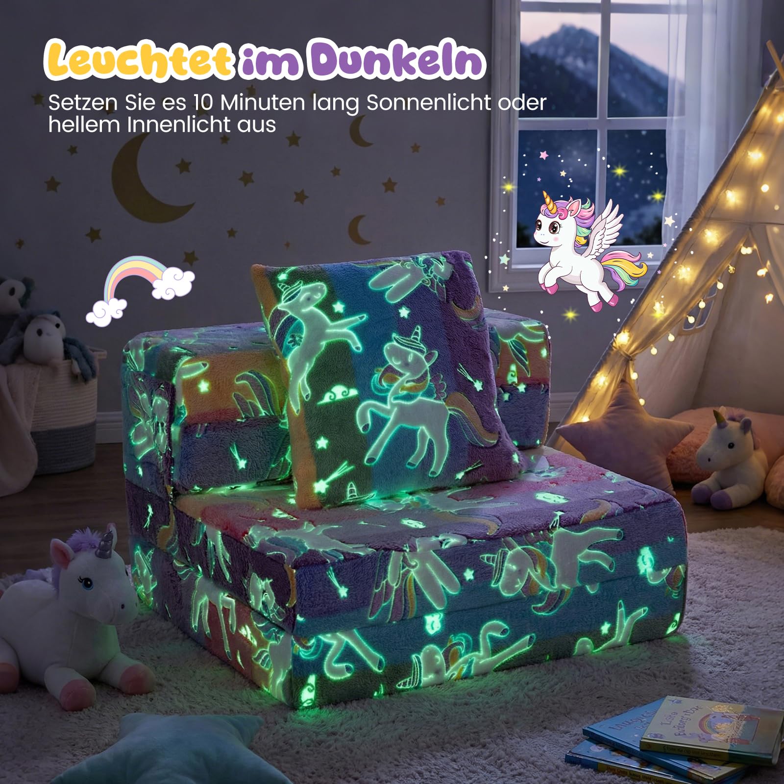 COSTWAY Sofa dziecięca 3 w 1 świecąca w ciemności, składany fotel z poduszką i zdejmowanym pokrowcem, wyściełana sofa do zabawy z funkcją spania do pokoju dziecięcego, kolorowy