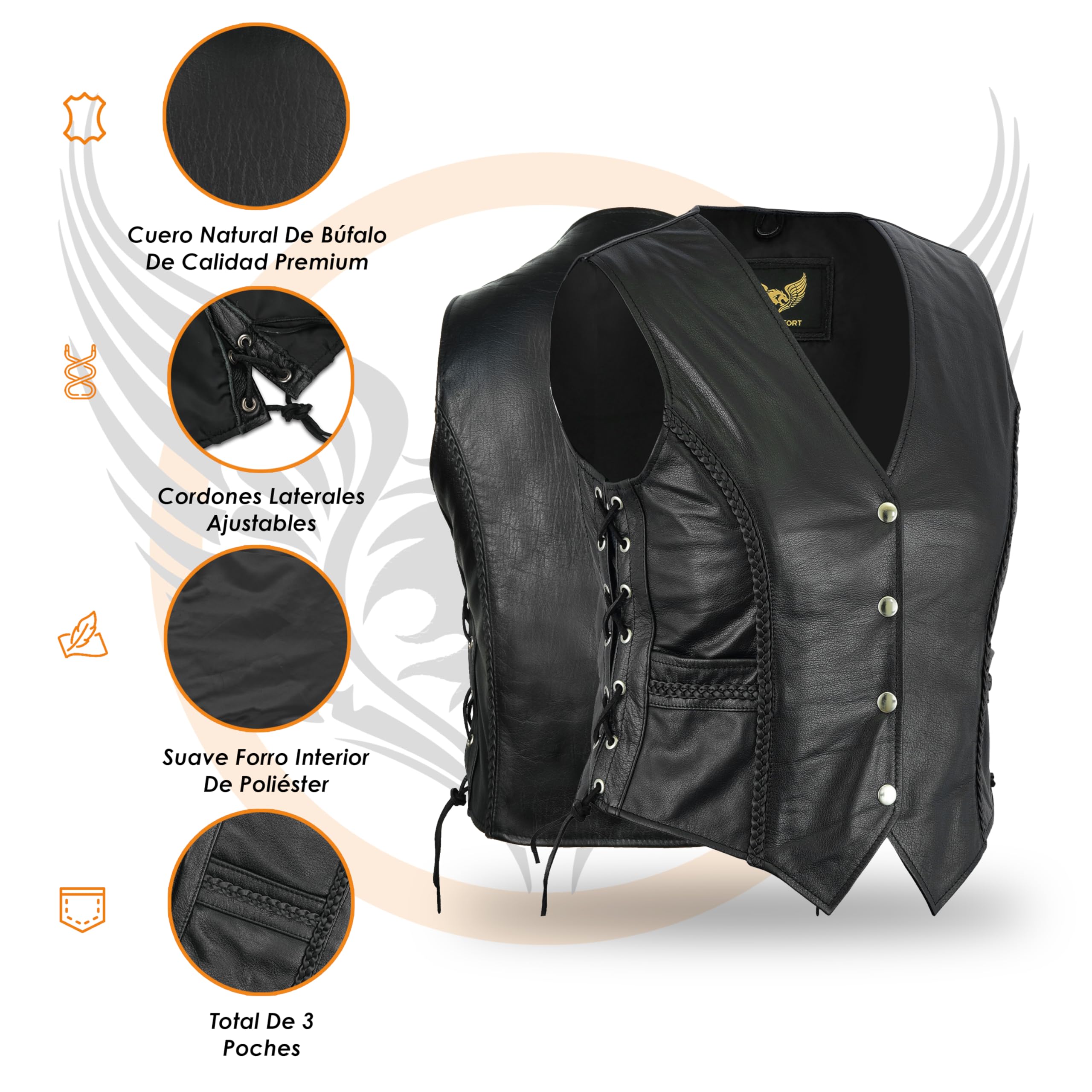 Leatherick Chaleco estilo motorista trenzado de cuero para mujer para chaqueta/chaleco sin mangas casual y de moda