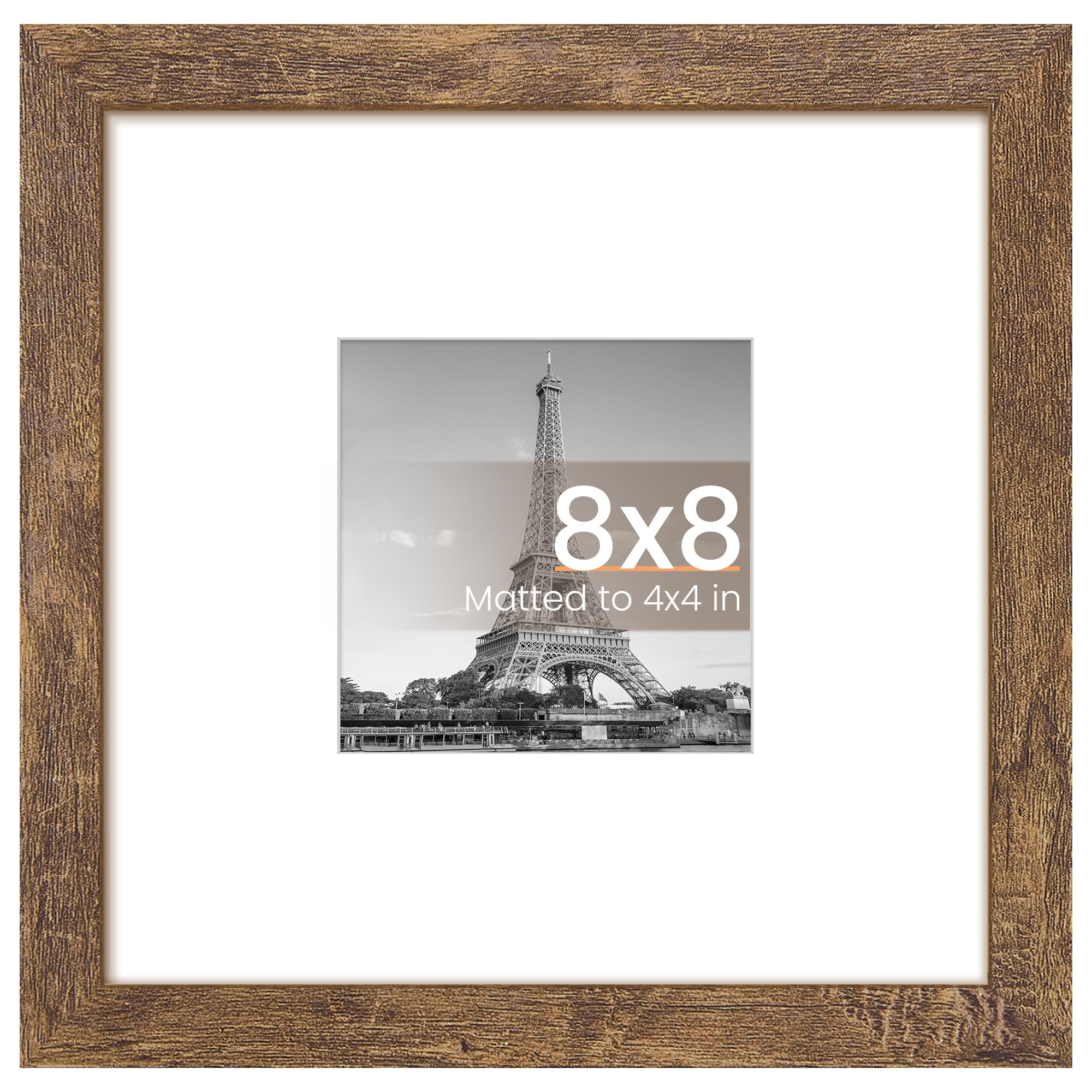 upsimples 8x8 Picture Frame, Wall Decor Photo Frames, Rustic Brown 1 Pack | 4x4 Square Frame with Mat for Gallery Wall, Family, Baby, Dog, Dorm, Farmhouse, Christmas