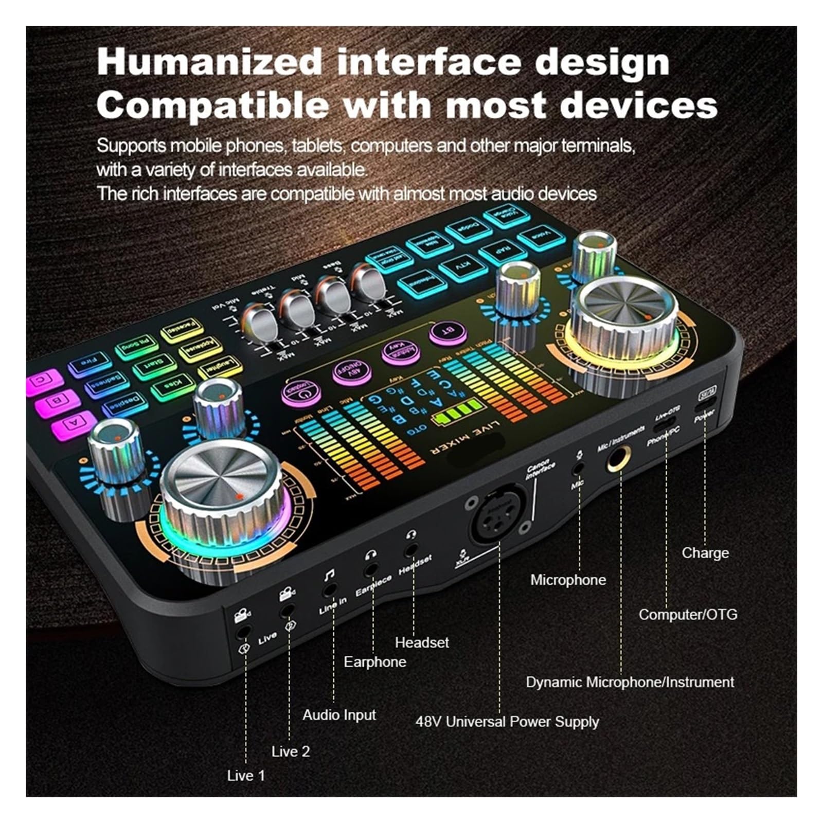 Mezclador de for juegos con tarjeta de sonido y mezclador de streaming con interfaz de BT for PC y teléfono.