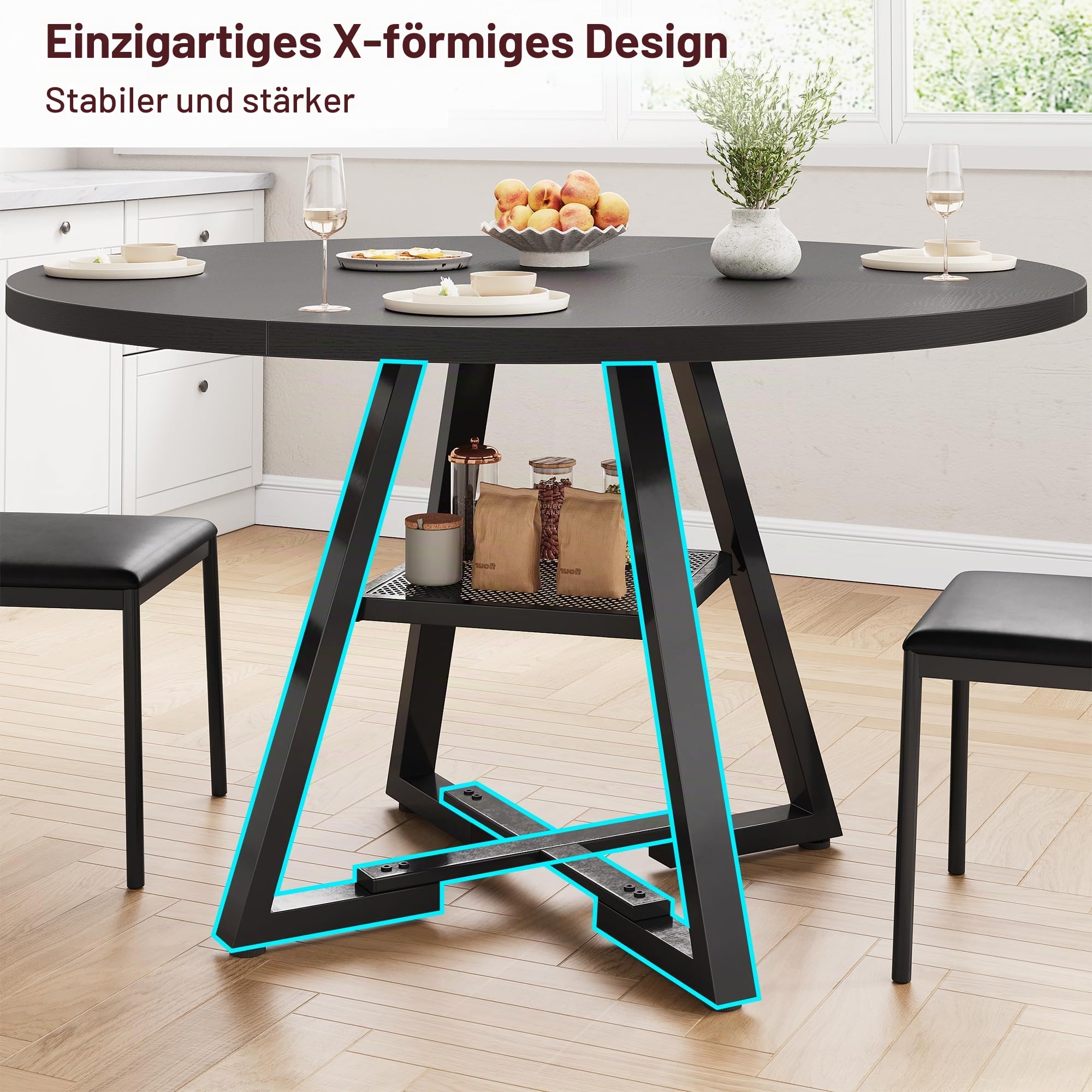 Jocoevol Esstisch Runder für 4-6 Personen, Esszimmertisch mit Ablage, platzsparender Küchentisch aus Holz im Industrial Design (Schwarz, 130x130x76cm)