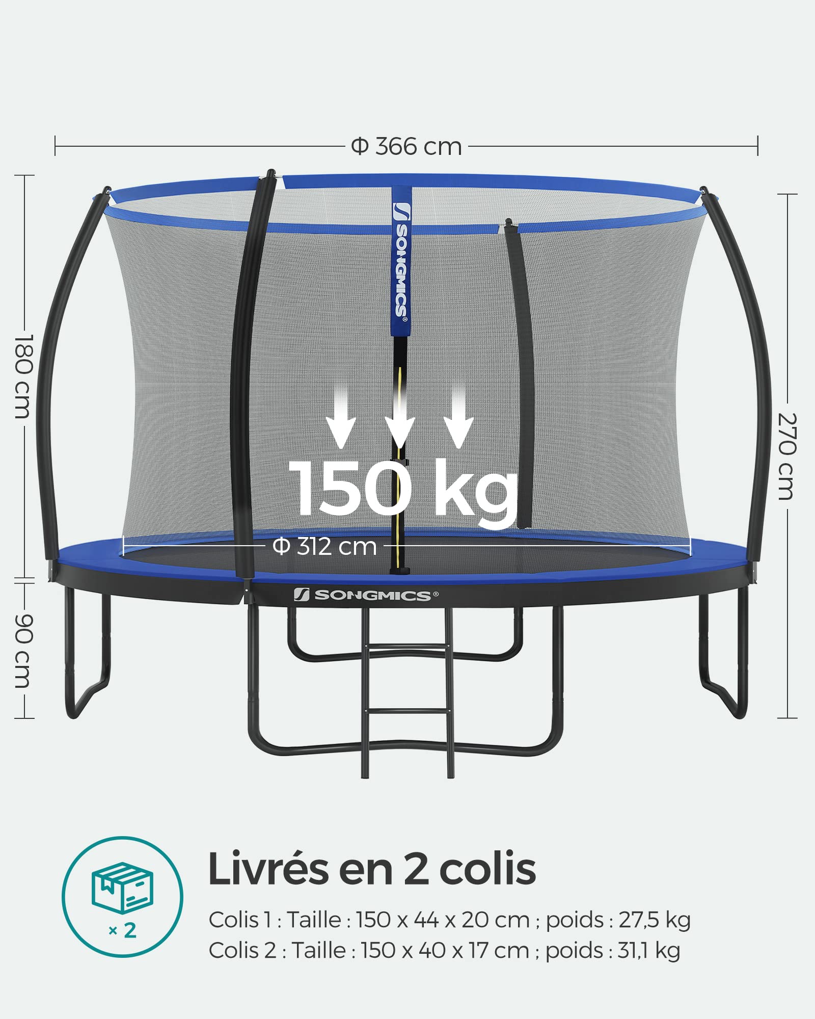 SONGMICS Trampoline Extérieur Enfant Diamètre 244/305/366/427 cm, Filet de Protection, Poteau Incurvé de 180 cm de Haut, Coussins de Sécurité, Échelle, Cadre en Acier