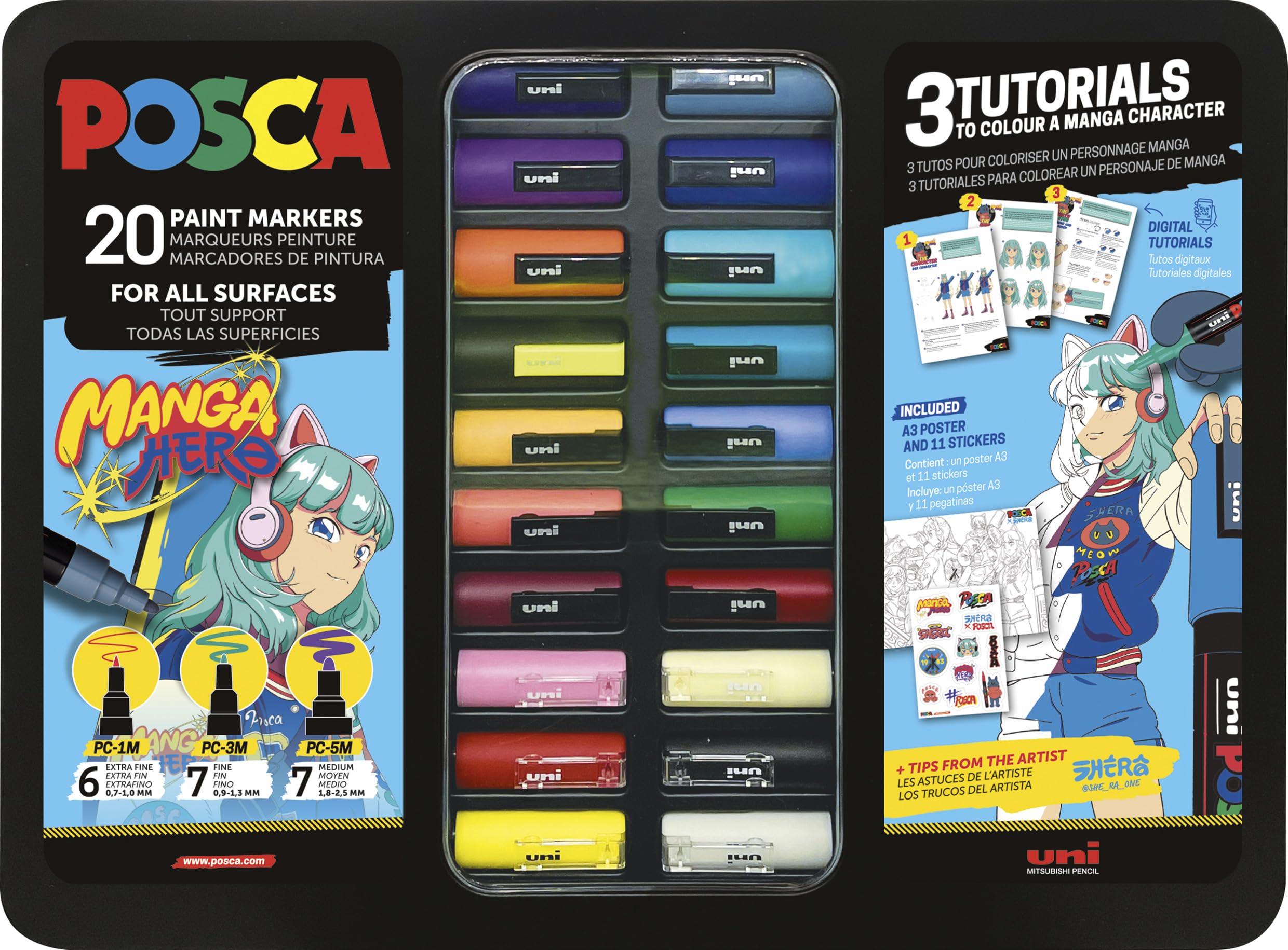 POSCA 186833 - Set de rotuladores POSCA Manga Hero, 20 rotuladores acrílicos con tutoriales, póster y pegatinas, PC-1M, PC-3M, PC-5M