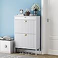 Garvee Fluted Shoe Storage Cabinet with 2 Flip Drawers, Slim Wood Shoe Organizer, Narrow Entryway Furniture with Storage for Small Spaces, Hallway Entrance Apartments, White