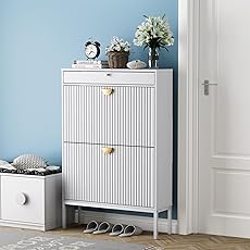 Garvee Fluted Shoe Storage Cabinet with 2 Flip Drawers, Slim Wood Shoe Organizer, Narrow Entryway Furniture with Storage for Small Spaces, Hallway Entrance Apartments, White
