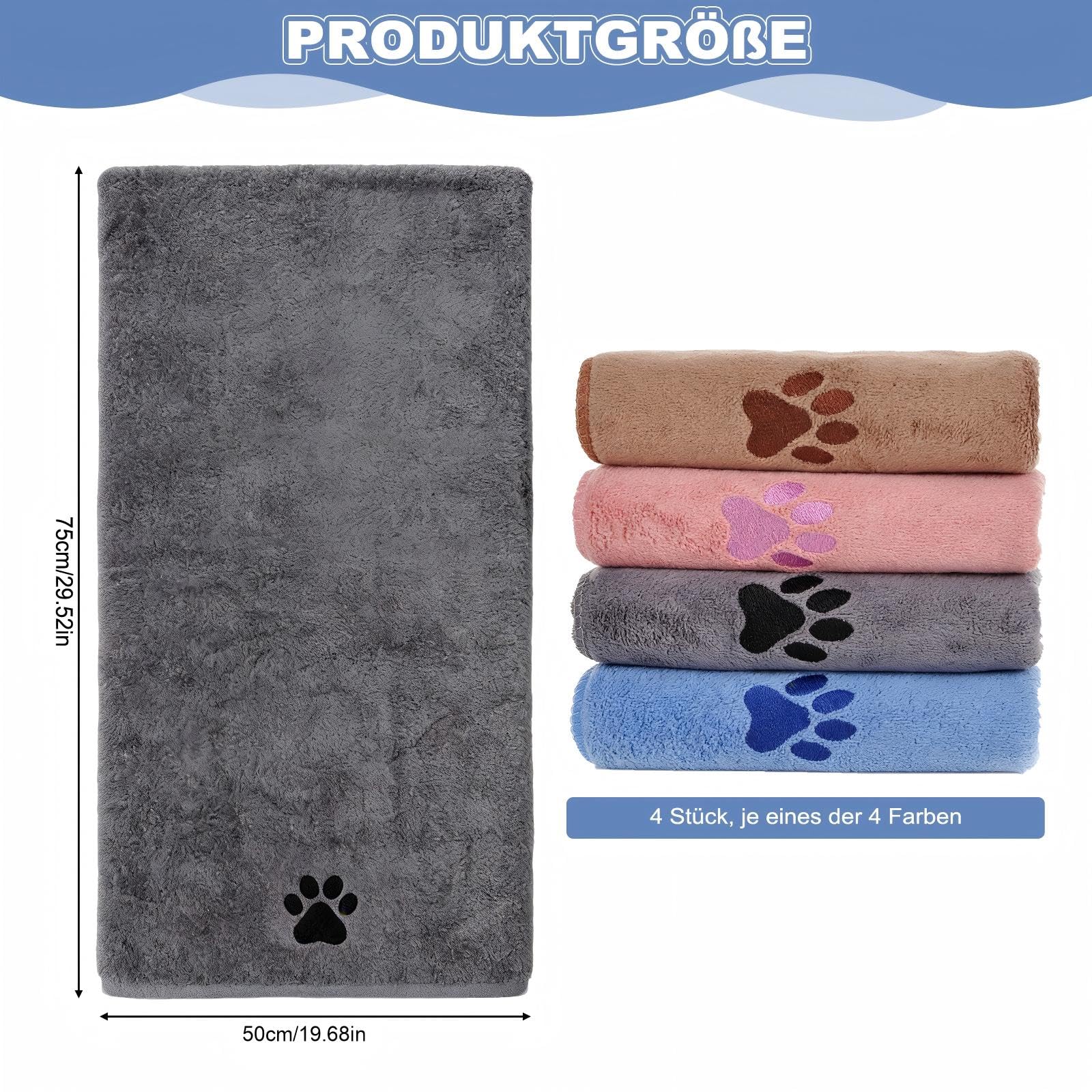 4 Stück Hunde Handtuch, 100×50cm Hundehandtuch Extra saugfähig Schnelltrocknend Haustier Mikrofaser Handtüche Hundehandtücher für Katzen Hunde Oder Andere Haustiere