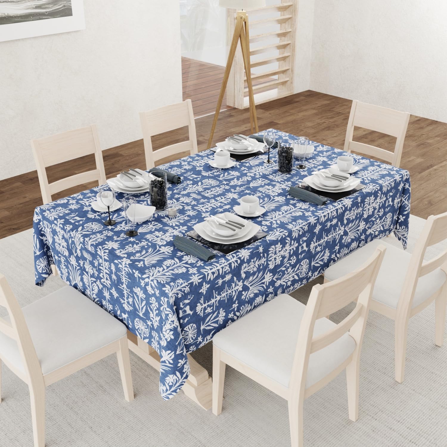 Urban Space Table Cover for Dining 4 Seater, Water, Dust and Stain Resistant Dining Table Cloth for 4 Seater, Anti Skid Cover Cloth for Center Table, Home Decor (Twigs Indigo Blue- 52"x72")