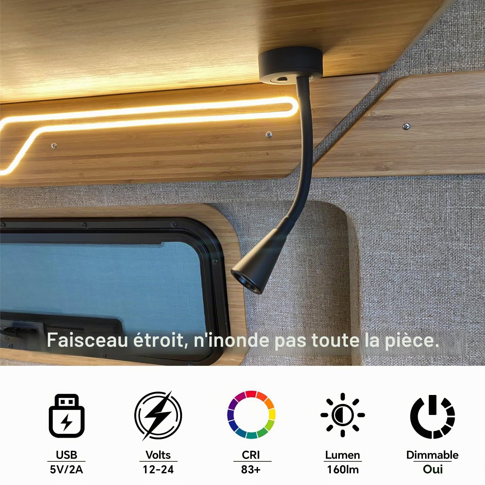 acegoo Lampe de Lecture LED 12V Dimmable 2 pièces Camping-Car Bateau Murale de Chevet Col de Cygne Lumière 3200K avec Chargeur USB & Interrupteur Variateur pour Caravane Van Voiture Camion