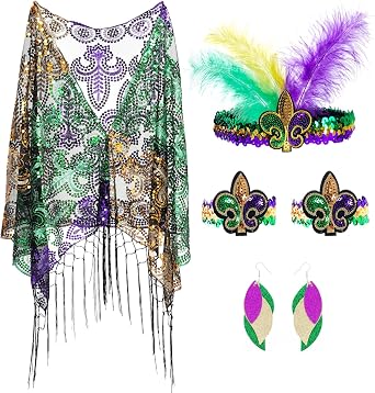 Mardi Gras Shawl Scarf Cape Poncho Costume Accessories including Feather Headband,Tassel Shawl Scarf, Earrings Wrist Straps for Masquerade Party