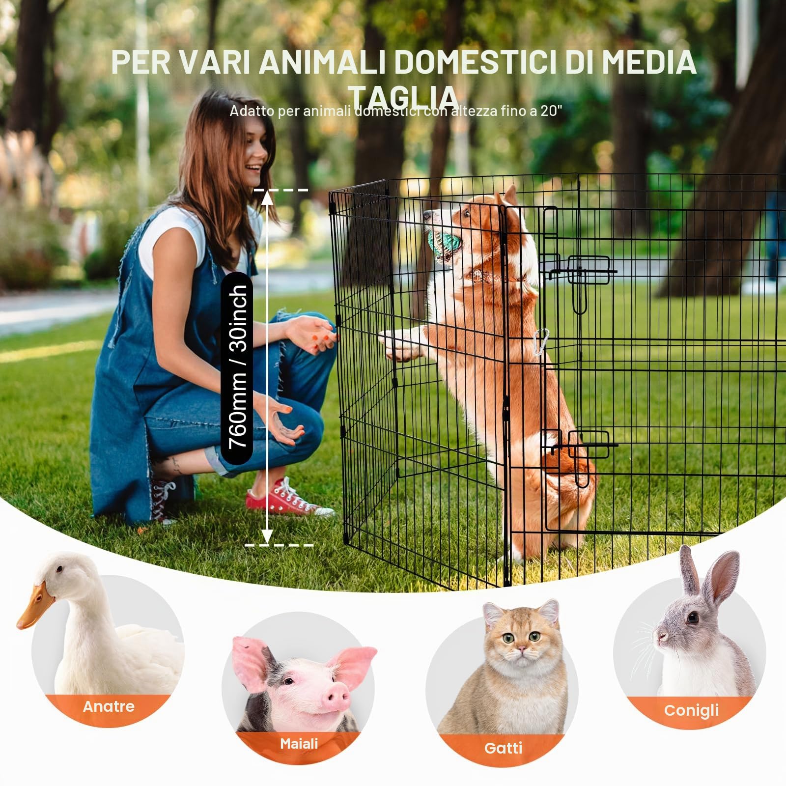 VEVOR Recinto per Cani, Confezione da 8 Pannelli, 760 mm x 610 mm Box per Cani Pieghevole in Metallo, per Interni ed Esterni con Porta, Copertura Superiore in Tessuto Oxford 600D, per Cani Gatti