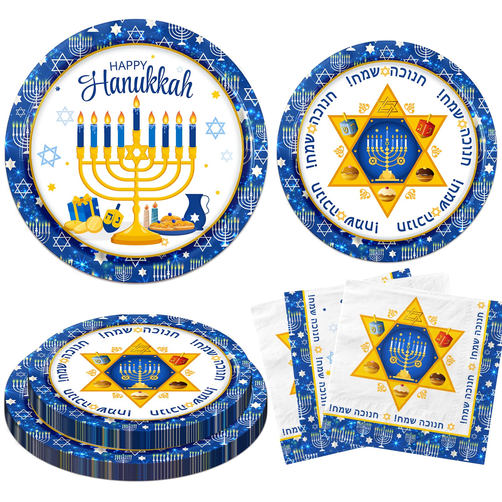 Amazon.com: 75Pcs Hanukkah Paper Plates and Napkins Set Serve 25 ...