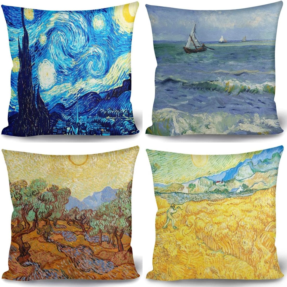 ENLACHIC Van Gogh Throw Pillow Covers Set of 4 Decorative Pillow Cases Square Zippered Cushion Covers Sofa Outdoor Decor,Van Gogh 2,18" x 18"