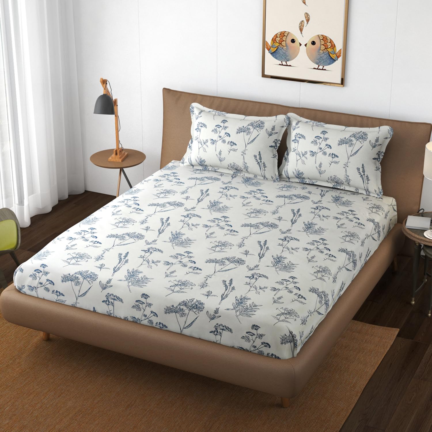 JRKR Floral Print Bedding Set, King, Hypoallergenic, Machine Washable, Midnight Blue & White | 300 TC-image-1